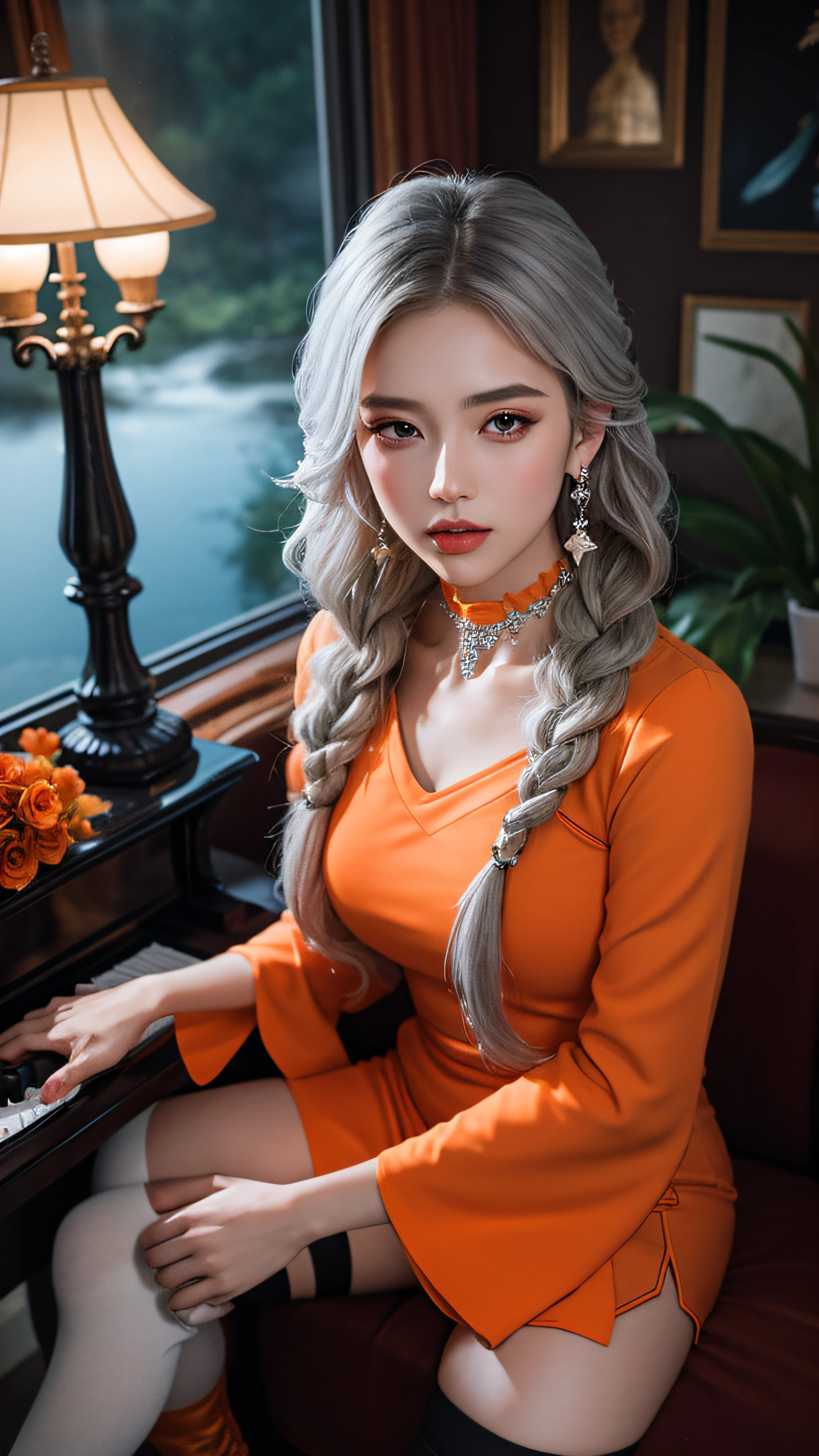 (Masterpiece, Best Quality: 1.4), Detailed Background, Crystal, Crystal Cluster, Long Hair, Jewelry, Earrings, Necklace, Crown, Bride, Hair, Halo, (Overlook), Dynamic Angle, Ultra Detailed, Illustration, Close Up, Direct Look, 1girl, (Fantasy: 1.4), (detailed Eyes: 1.233), Her Eyes Shine Like Dreamy Stars, (Glow Eyes: 1.233), (Beautiful and Delicate Eyes: 1.1), (Silver Hair: 1.14), (Messy Hair, Very Long Hair, French braids, hair between the eyes, side hair), (hair flower: 1.14)), (chiffon dress, uniform orange flower pattern)/= (military uniform: 1.24), (split sleeves, wide sleeves), (fingerless gloves), choker, (miko thighhighs), high heeled boots, (expressionless, shut up), (standing), (classical princess boudoir with dresser floor-to-ceiling windows ancient palace), (orange flowers, blooming), (deep sea), (flowing water), (dark orange world tree:1.14),(Ruins),(Night:1.2),dreamy,Soul,(fluorescent),(Flying Translucent orange Butterfly:1.15),[Delicate Fingers and Hands:0.55]::0.85], (Finger Detail), (Yubao:0.5), sitting,