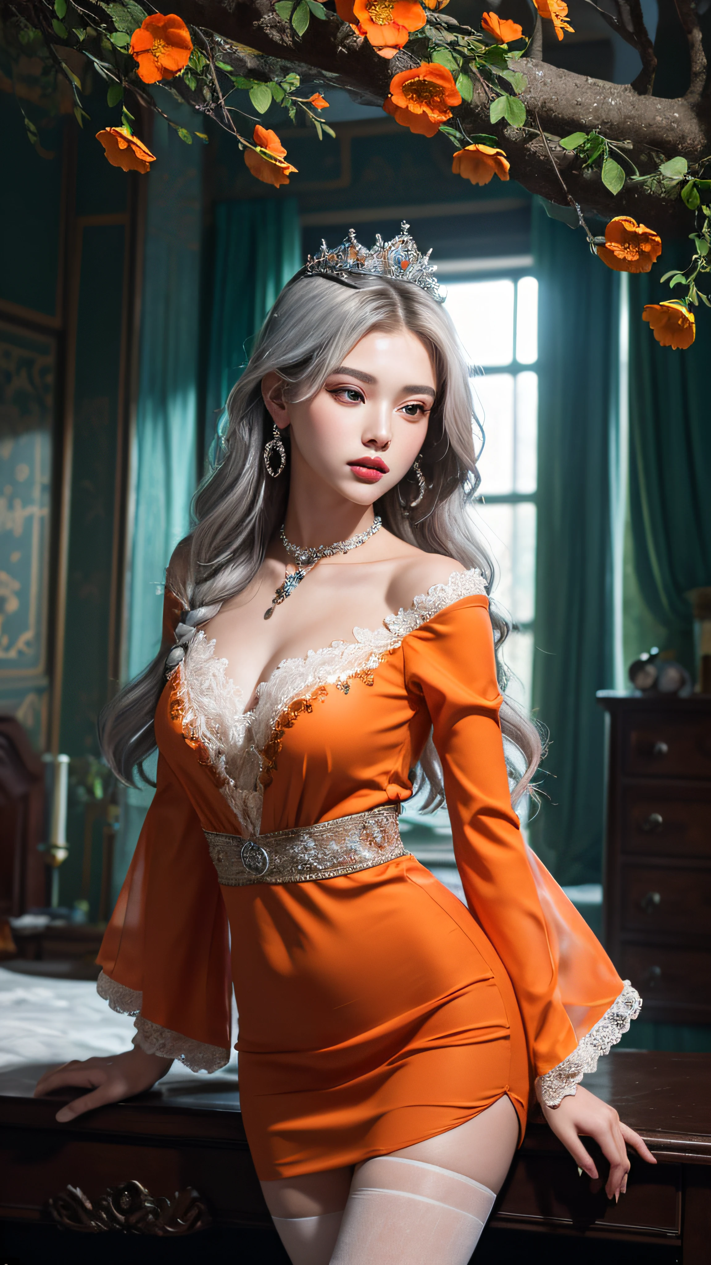 (Masterpiece, Best Quality: 1.4), Detailed Background, Crystal, Crystal Cluster, Long Hair, Jewelry, Earrings, Necklace, Crown, Bride, Hair, Halo, (Overlook), Dynamic Angle, Ultra Detailed, Illustration, Close Up, Direct Look, 1girl, (Fantasy: 1.4), (detailed Eyes: 1.233), Her Eyes Shine Like Dreamy Stars, (Glow Eyes: 1.233), (Beautiful and Delicate Eyes: 1.1), (Silver Hair: 1.14), (Messy Hair, Very Long Hair, French braids, hair between the eyes, side hair), (hair flower: 1.14)), (chiffon dress, uniform orange flower pattern)/= (military uniform: 1.24), (split sleeves, wide sleeves), (fingerless gloves), choker, (miko thighhighs), high heeled boots, (expressionless, shut up), (standing), (classical princess boudoir with dresser floor-to-ceiling windows ancient palace), (orange flowers, blooming), (deep sea), (flowing water), (dark orange world tree:1.14),(Ruins),(Night:1.2),dreamy,Soul,(fluorescent),(Flying Translucent orange Butterfly:1.15),[Delicate Fingers and Hands:0.55]::0.85], (Finger Detail), (Yubao:0.5), sitting,