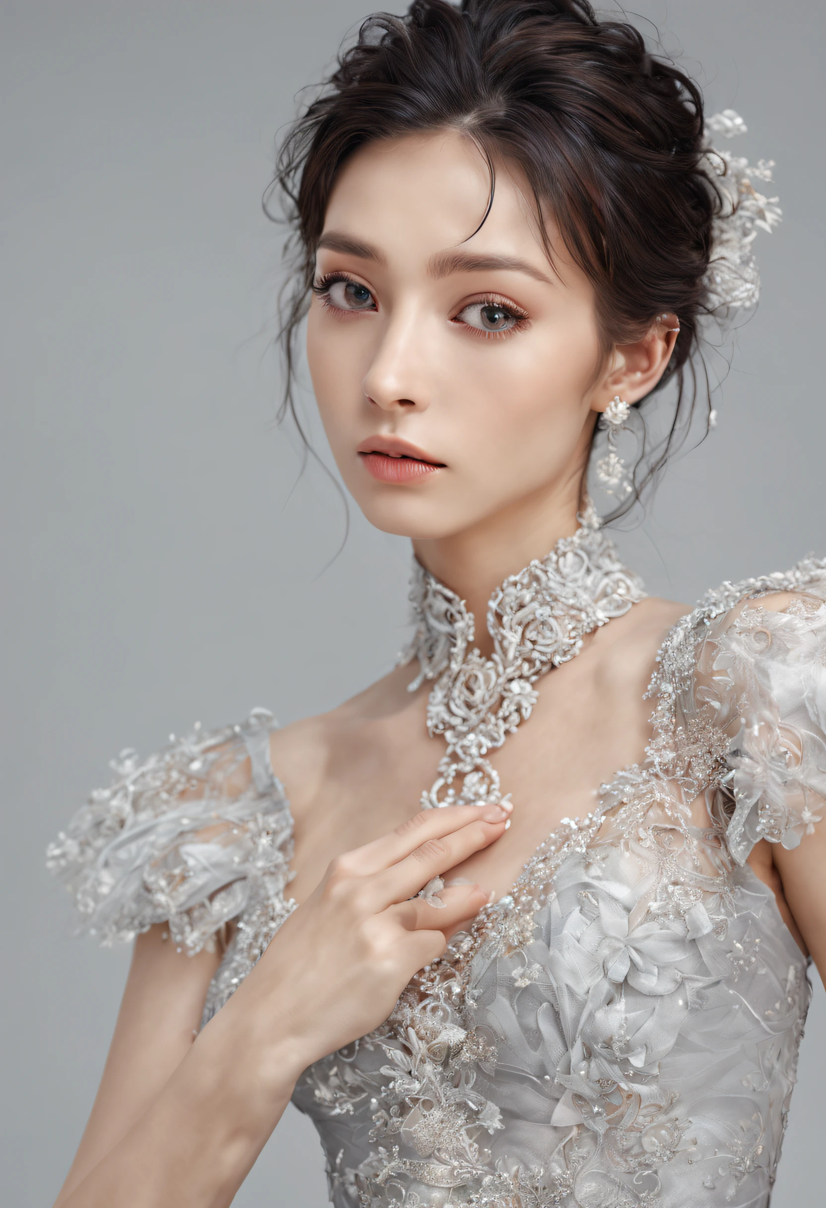 (Realism, depth of field, UHD, masterpiece, ccurate, anatomically correct, textured skin, high details, high quality, best quality, super detail, 8k), 1 girl, detailed face , double eyeslid, Dressed in a delicate silk gown,Adorned with a delicate silver-toned pattern, Her makeup complements her attire, Hints at a delicate silver pattern. The surrounding moonlight bathed her and the surrounding fields, Enhances her noble and primal aura.