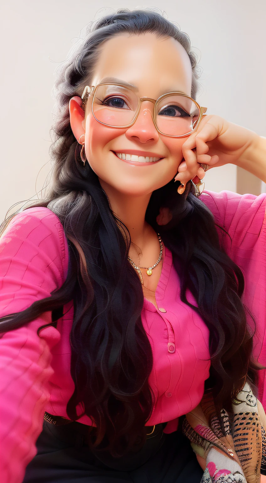 Young caucasian woman with round glasses holding a camera with both hands, demonstrating a sense of accomplishment and confidence. The woman is sitting on a chair in the modern office radiating positivity and professionalism. With a gentle smile on her face, she exudes a mixture of wisdom and joy. Her Brazilian heritage enriches her features, highlighting her unique beauty. The portrait captures the essence of a mature woman who embodies success and empowerment. The level of detail in the image is astonishing, allowing viewers to appreciate every line, contour and expression of her face. The photorealistic quality elevates the artwork, making it a masterpiece. The lighting emphasizes your features, casting a soft glow on your face, while the colors are bright and vibrant, enhancing the overall composition. The captivating background further complements the subject matter, symbolizing growth and new beginnings. This portrait captures the essence of a mature, Caucasian, grown-up, strong, accomplished woman in a beautifully realistic, high-quality way.