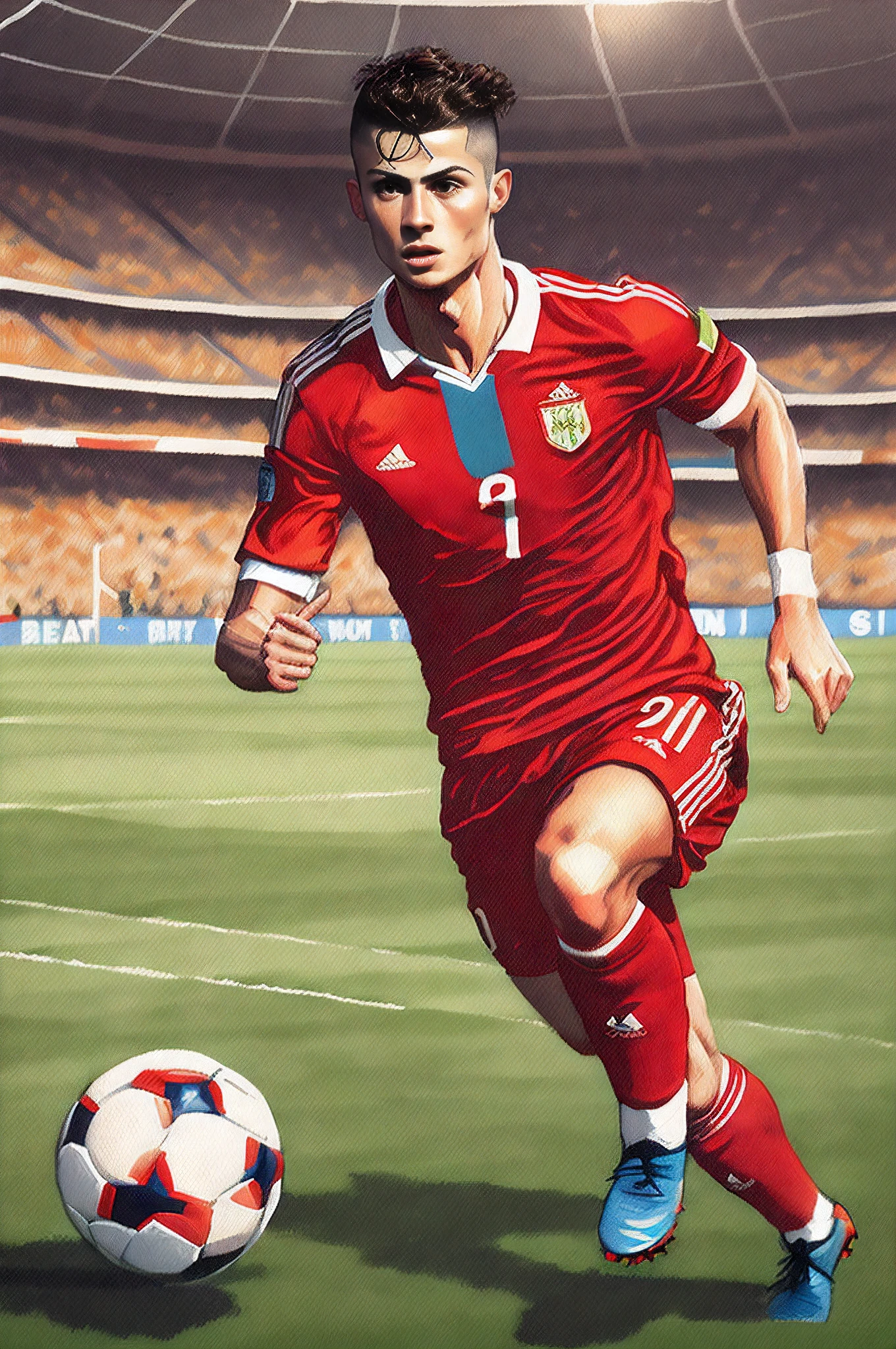 Painting of a soccer player in a red uniform playing a soccer ball, Footballer Cristiano Ronaldo, Cristiano Ronaldo, Portrait of Cristiano Ronaldo, jen bartel, dribbble, Ronaldo phenomenon, ,soccer ball, author：Meredith Dillman,portrait with vibrant colors,