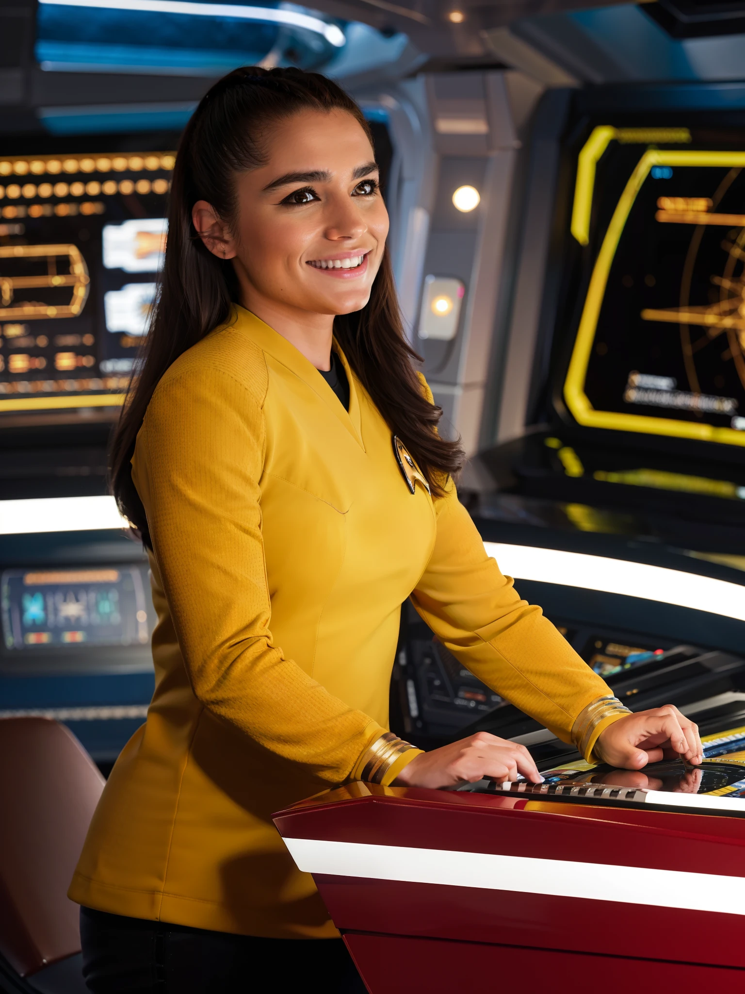 a young latino woman with very long hair in yellow stsnwunf uniform smiling,starship bridge,RAW Photo, 8k uhd, dslr, soft lighting, high quality, film grain, higly detailed face,ultra detailed,masterpiece quality,Fujifilm XT3