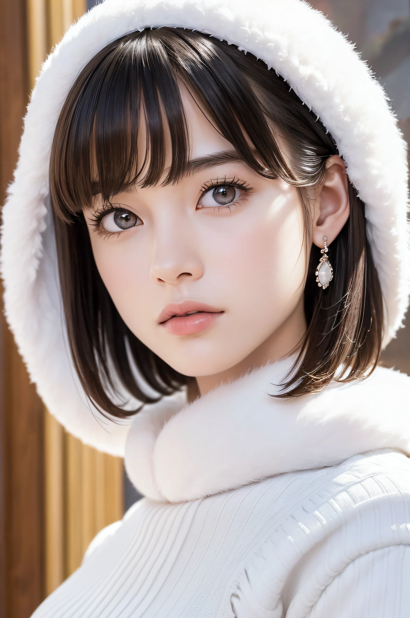 (8k, RAW photos, top quality, masterpiece: 1.2), ultra detailed, super resolution, (real, real photos: 1.37), portraits, high definition RAW color photos, professional photos, very detailed and beautiful, highly detailed, 8k wallpapers, amazing details, huge file size, official art, highly detailed CG Unity 8k wallpapers, highly detailed beautiful girls, highly detailed faces, Highly Detailed Eyes, Highly Detailed Skin, Highly Detailed Fingers, Very Detailed Nose, Highly Detailed Detailed Mouth, Perfect Anatomy, Detailed Background, Detailed Clothes, One Girl, (20:1.2), 20s, Cute Girl, Realistic Body, Petite, White Skin, Radiant Skin, Slim Body, Black Hair, Short Hair, (Blunt Bangs: 1.2), Cute, Youthful, Pretty Face, Realistic Face, Delicate Eyes, Sale Eyes, ( (Fashionable winter clothes)), ((Up)), ((((Short hair)))), Earrings, Looking at the camera, Cowboy shot, Facing Front, Standing Posture, Contrapposto, Dynamic Lighting, C Cup Breasts,