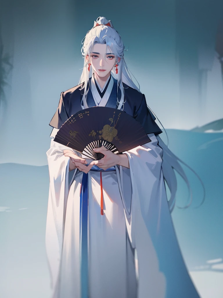 Close-up of a man in a robe and tie,Folding fan in hand，long whitr hair， Cai Xukun, Inspired by Zhang Han, xianxia hero, inspired by Wu Daozi, Inspired by Seki Dosheng, young wan angel, tian zi, drak, Xianxia, heise jinyao, Inspired by Zhao Yuan, Li Zixin, xintong chen，The background is the mountain，waterfallr，Eau，