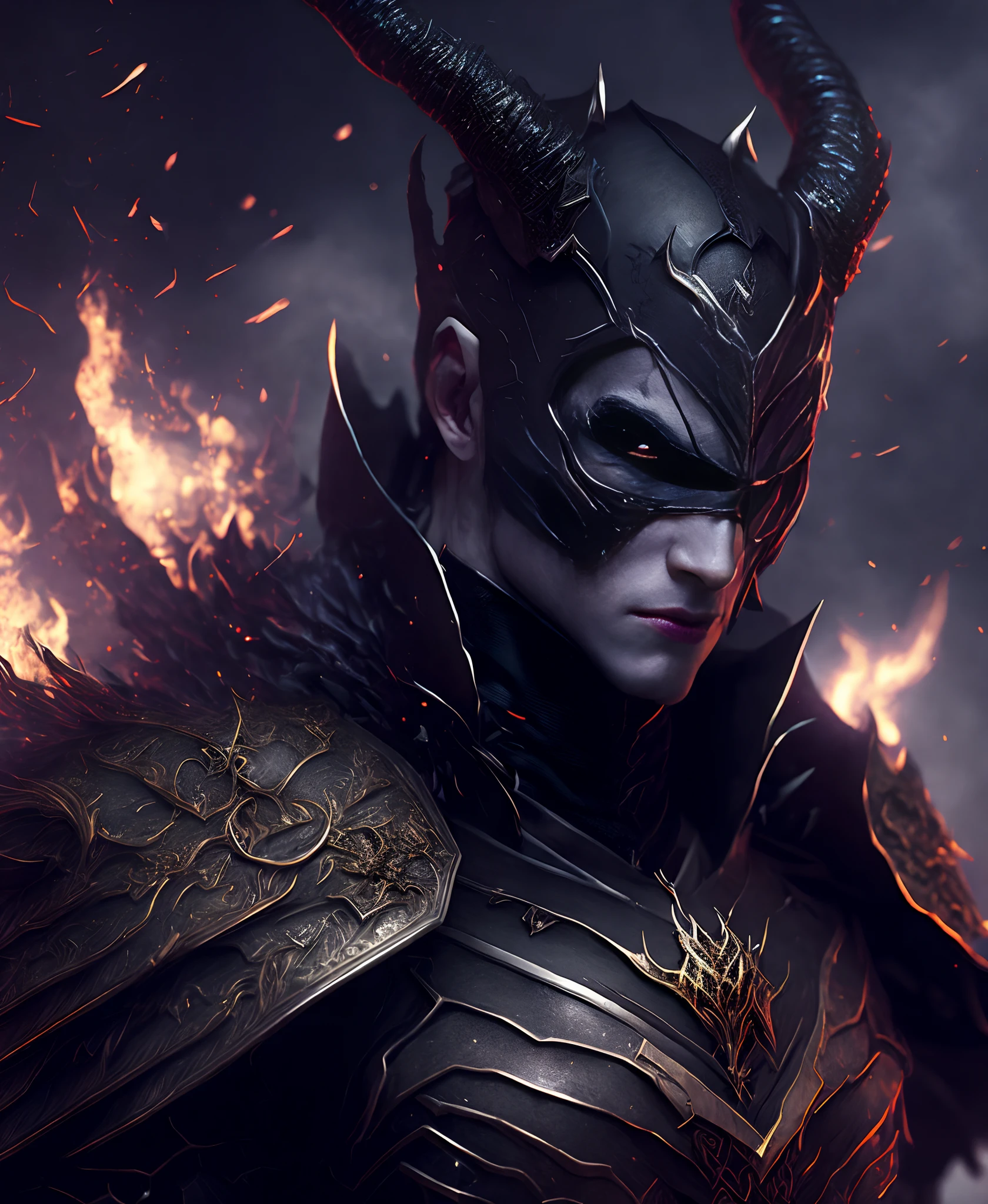 Close-up ( Demon-hunter From DC dressed in Goth style: 1.3) emerging from the the demons world, extremely detailed, smoke, sparks, metal shavings, flying debris, volumetric light