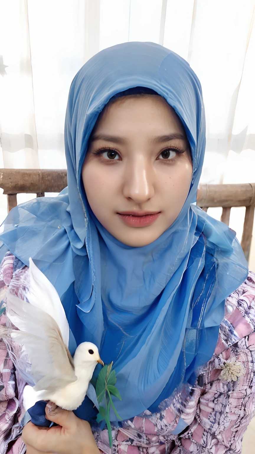 muslim woman in blue hijab holding a bird and a flower, faridah malik, with blue skin, hijab, selfie photo, inspired by Naza, snapchat photo, with lovely look, inspired by Mym Tuma, close up potrait, inspired by Nazmi Ziya Güran, potrait, at instagram, inspired by Ingrida Kadaka