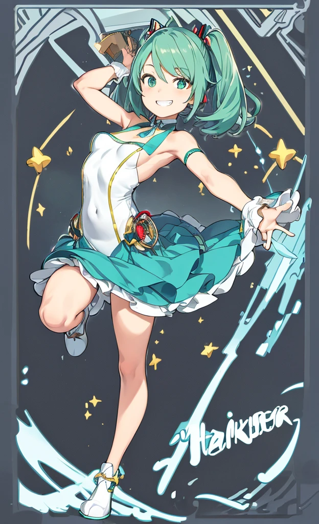 (Masterpiece), (Best Quality),(Miku),(frontier),(looking a viewer),1girl,(grin),Happy,Smile,small breasts,full - body, dynamicpose,Simple background