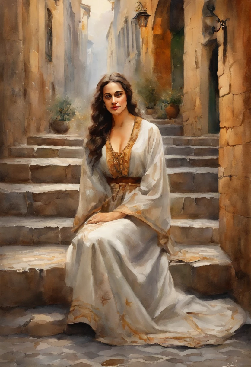 Uma rua onde os becos se encontram, Female character in period robes . Her pained expression froze on her pale face, Lying on a cobblestone floor, A cena que vimos de cima, Uma figura delicada no beco