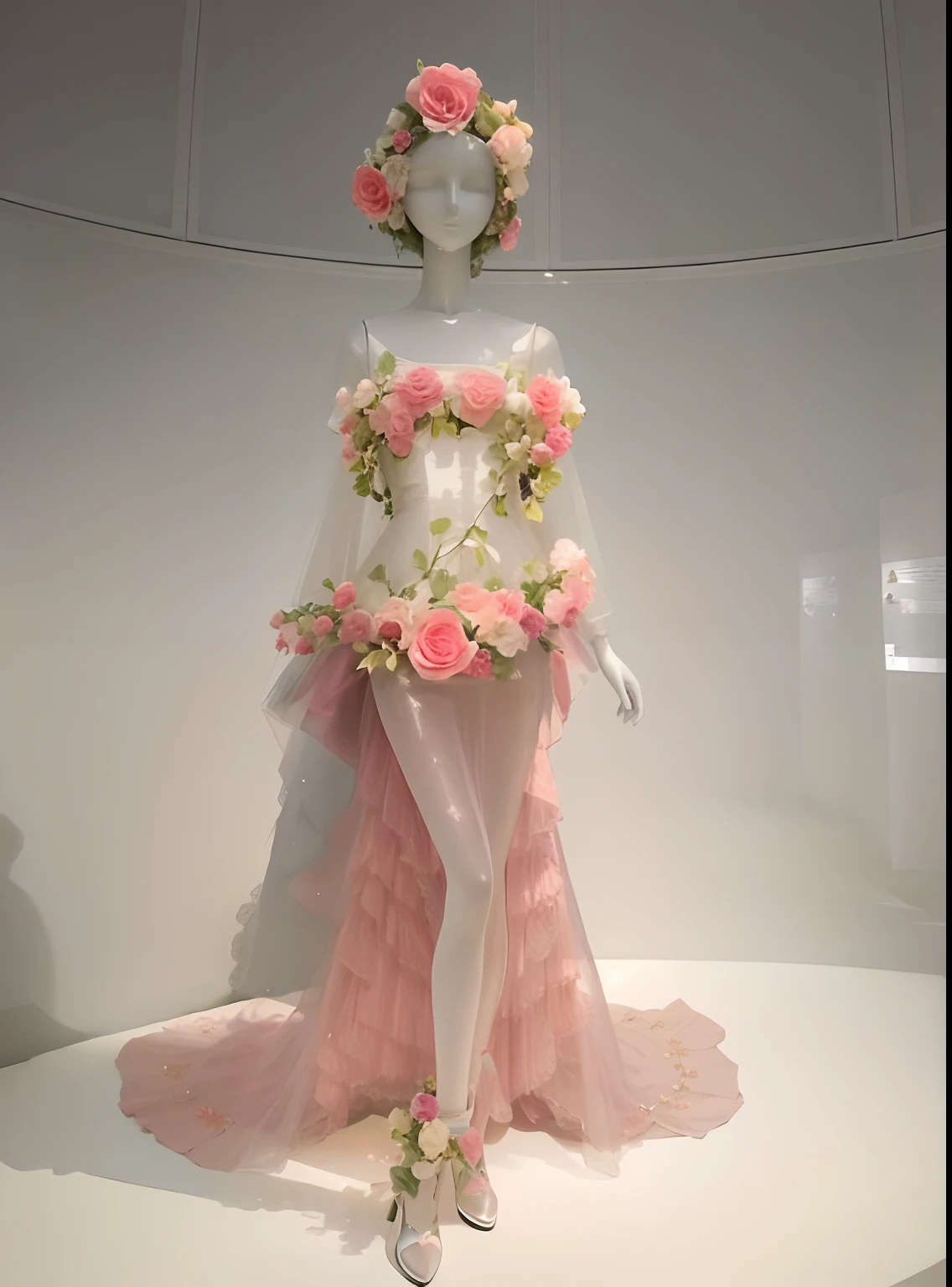 There is a mannequin with flowers in an exhibition, roupas feitas de flor, deusa flor, persephone in spring, beautiful aesthetics, vestido flor, Alta costura floral, A menina feita de flores, senhora com vestido de flores brilhantes, feito de flores, usando um vestido feito de videiras, feito de flores secas, Acervo do Museu Metropolitano, figurino intrincado, nice suit