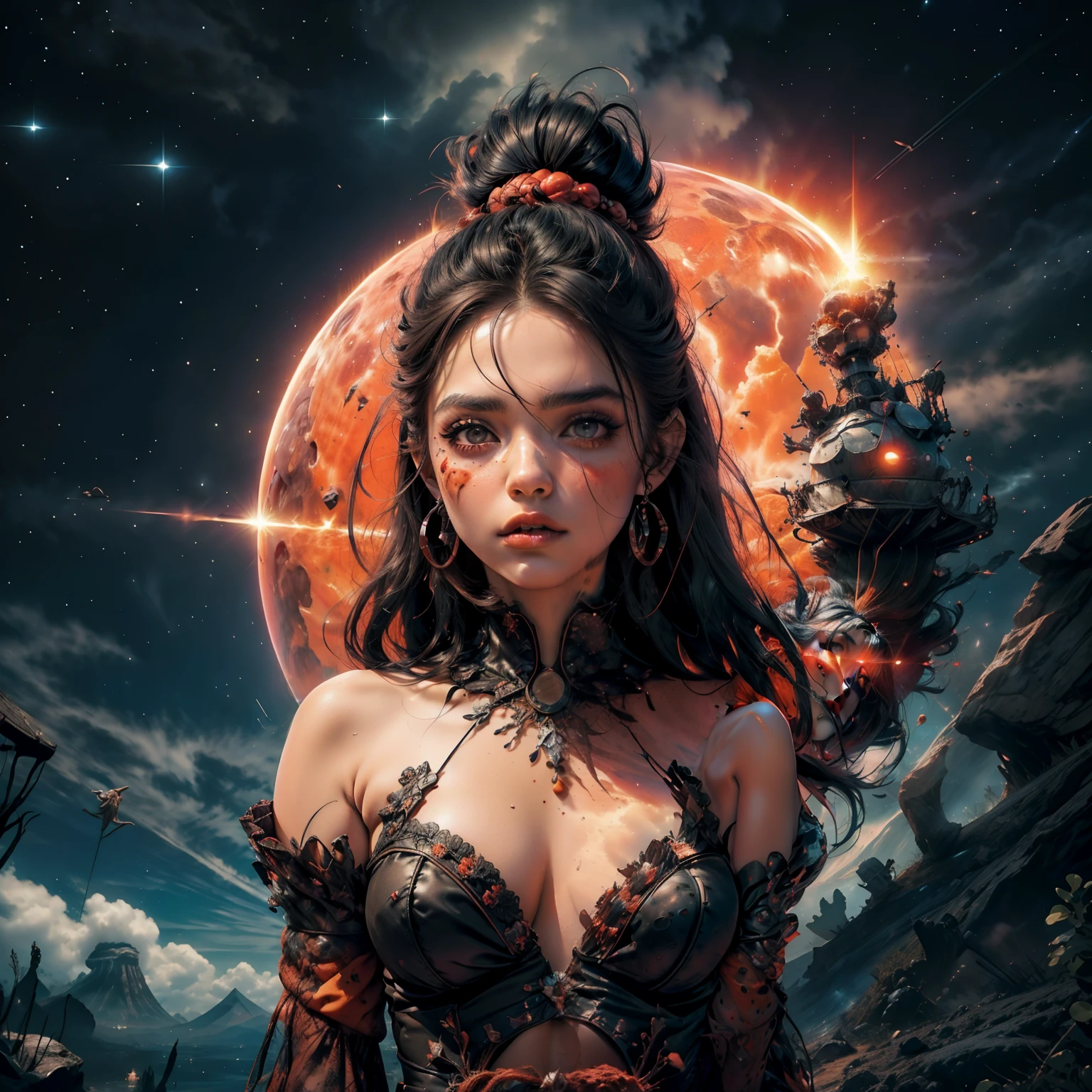 Bruxa da lava, bruxa, Volcano Witch, master part, beautiful face, cara bonita, rosto perfeito, volcano background, noite, Noite, lava, young  woman, proportion Aurea, long tunic, Pretty tunic, Pedras preciosas, totalmente vestido, roupas extravagantes, cabelos ruivos curtos,  Cabelos ruivos claros, Bob Longo, bob ondulado, cabelos ondulados, cabelos exuberantes, cabelos brilhantes, cintura pequena, Magic Volcano, arte digital, Rosto Suave, proporcional, corpo inteiro, pinceladas suaves, bordas suaves, Artsy, tons vermelhos, bordas vermelhas, tons amarelos, tons de laranja, tons de marrom, olhos vermelhos, olhos penetrantes, olhos grandes, Olhos bonitos, corpo bonito