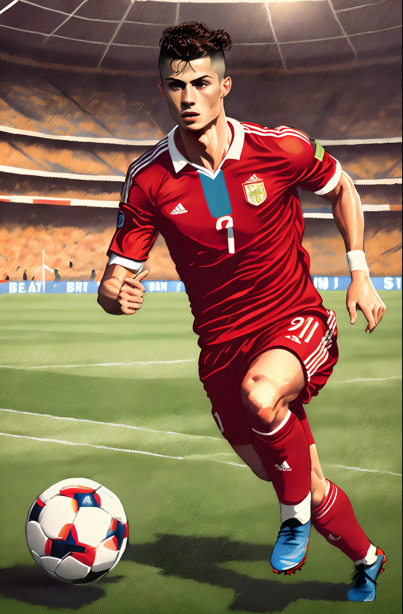 Painting of a soccer player in a red uniform playing a soccer ball, Footballer Cristiano Ronaldo, Cristiano Ronaldo, Portrait of Cristiano Ronaldo, jen bartel, dribbble, Ronaldo phenomenon, ,soccer ball, author:Meredith Dillman,Brightly colored portraits,Strong color contrast,Facial realism