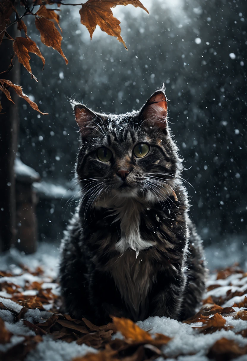 cat, first snow, flakes, partial snow cover, cinematic film still, breathtaking, Falling leaves, melancholic mood, papery texture,  nature's whispered farewell in rustling gusts, photo-realism, film grain, film still, bokeh, intricately detailed, , perfect composition, beautiful detailed intricate insanely detailed octane render trending on artstation, 8 k artistic photography, photorealistic concept art, soft natural volumetric cinematic perfect light, chiaroscuro, award - winning photograph, masterpiece, oil on canvas, raphael, caravaggio, greg rutkowski, beeple, beksinski, giger