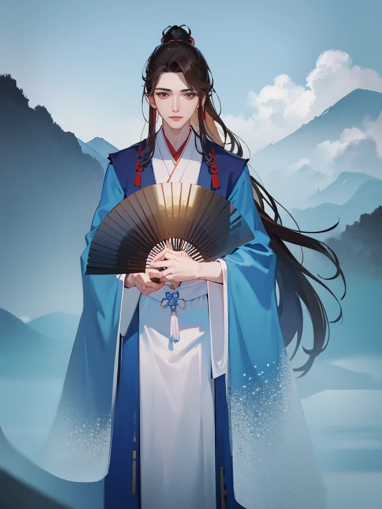 Close-up of a man in a robe and tie,Folding fan in hand,Brown hair long, Cai Xukun, Inspired by Zhang Han, xianxia hero, inspired by Wu Daozi, Inspired by Seki Dosheng, young wan angel, tian zi, drak, Xianxia, heise jinyao, Inspired by Zhao Yuan, Li Zixin, xintong chen,The background is the mountain,waterfallr,Eau,