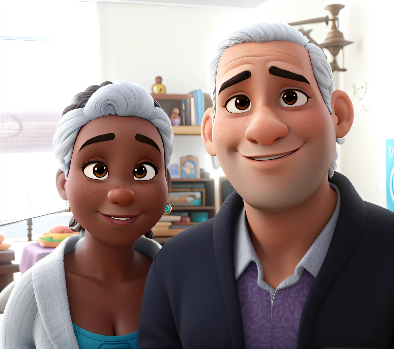 Uma senhora negra e um senhor moreno estilo disney pixar, alta qualidade, melhor qualidade