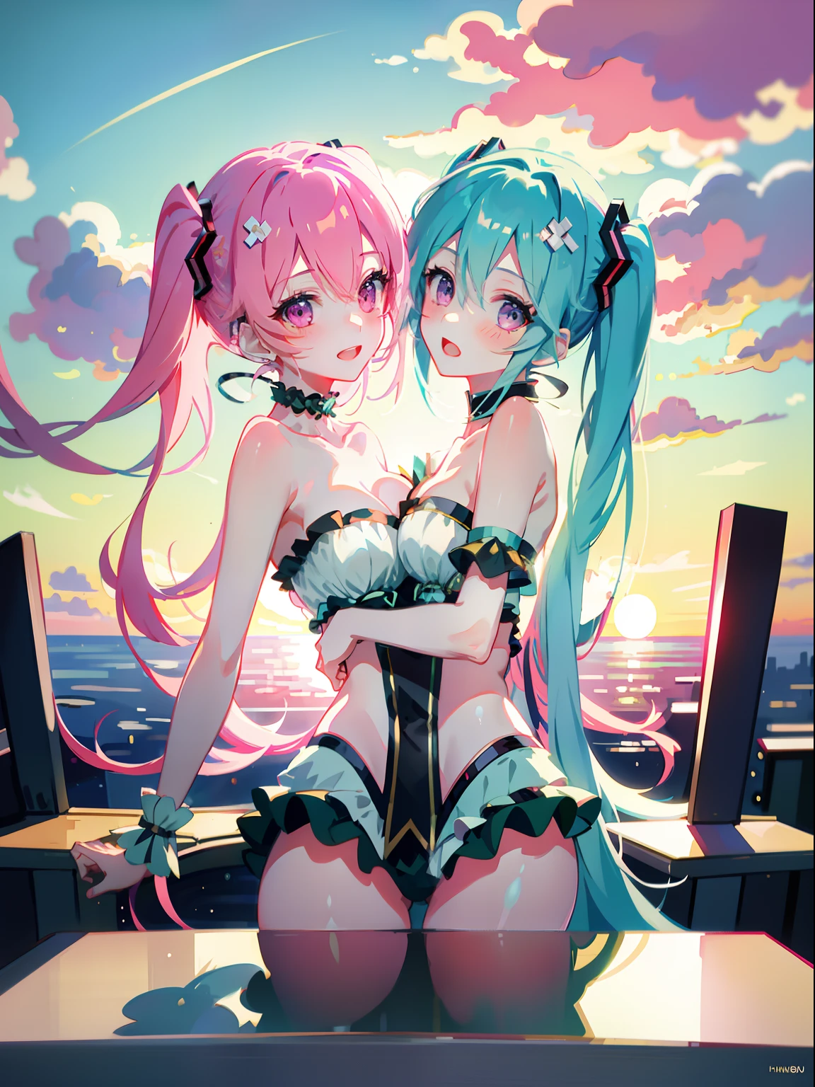(masterpiece, best quality), best resolution, (2heads:1.5), 1girl, miku hatsune character, pink hair, aqua eyes, open mouth, headphones, close-up, surrounded by pink splash, sunset, heads kissing