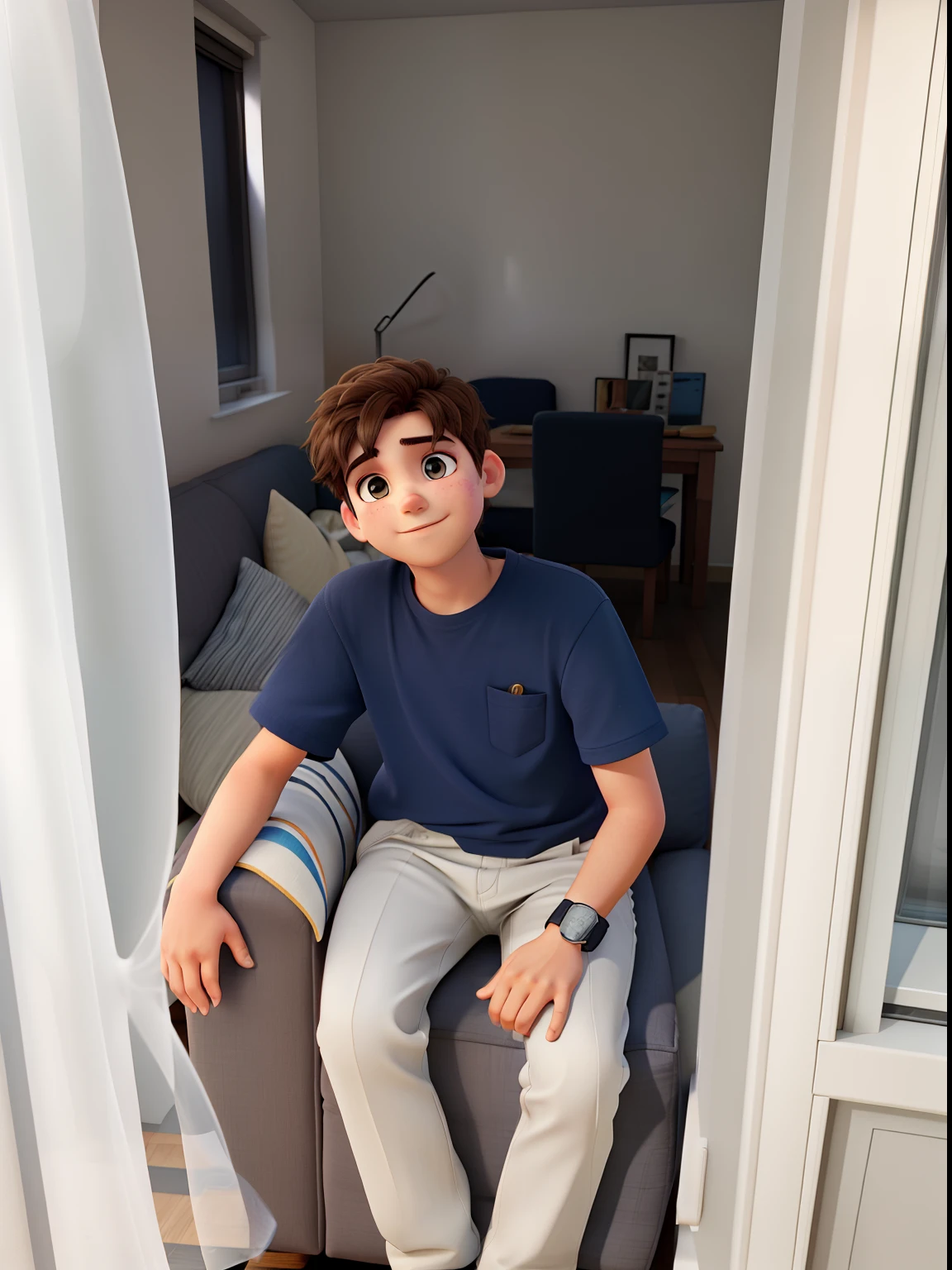 A boy sitting on a sofa with light coming in through the window