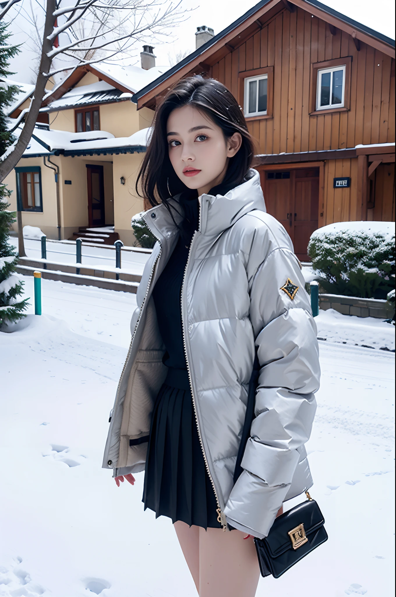1girl,shoulder length straight short black hair, blue eyes,realistic,small breasts,photorealistic,slim,thin, cowboy shot, close-up,high collar sweater, puffy down jacket, short pleated skirt, bare legs, high heels, looking at viewer,standing, upper body, outdoors,snow, snow shelter, winter, european town, european style houses, (castle), noon, streets, sunshine,