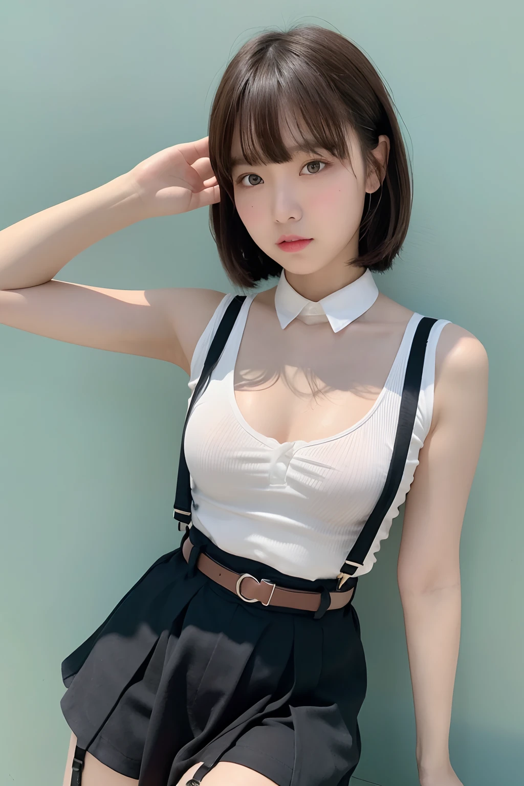 ​masterpiece、flat-colors、depth of fields、lens flare 1 girl、、Brown hair、watching at viewers　　　black suspenders　　　bulging big breasts　　　 　 Armpit sweat　perspiring　Side of both hands　　walls: 　Black miniskirt　Garter Belt Chain　　　　　arma　Gaze　　　Small face　Bangs Upper Eyes　flank　　Colorcon　The shirt　holster　　a belt　Tank tops