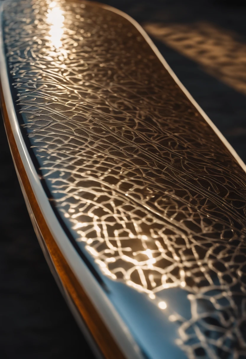 A close-up shot of a sleek and shiny surfboard, with the sunlight reflecting off its polished surface, highlighting the intricate designs and patterns