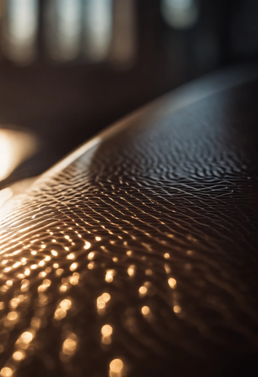 A close-up shot of a sleek and shiny surfboard, with the sunlight reflecting off its polished surface, highlighting the intricate designs and patterns