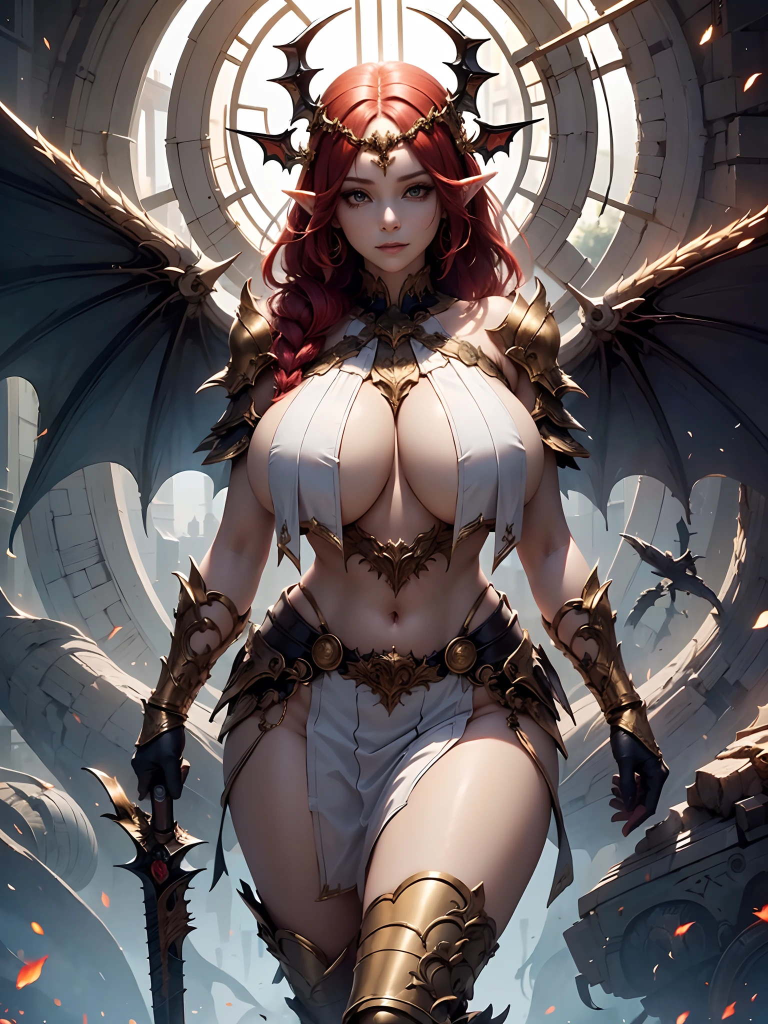 1girl, cowboy shot of a beautiful woman in the most intricate empress armored-battledress, shiny skin, (((breast curtains))), (large golden eyes : 1.6), cute, solemn smile, (fiery red hair, french braid hairstyle, large dragon horns, draconic-empress crown : 1.7), (((huge wings))), (2 pairs of red dragon wings : 1.7), ((very huge and heavy breasts, muscular, wide waist and huge buttocks)), looking at viewer, blue portal in the background, (dim lighting), masterpiece, best quality, 8k