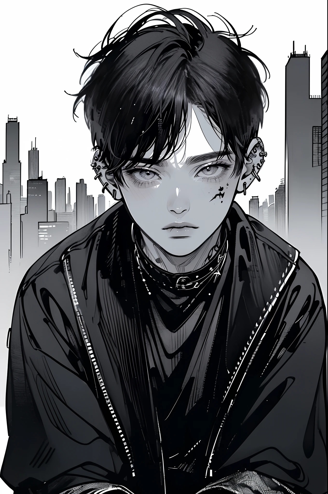 (4K works))、masterpiece、(top-quality)、((Black cityscape background))、Korean Male、Adult male、((Adult 50 years old))、((Adult uncle type))、((Leather Jeans Style))、((Face similar to Hyunjin))、Cool Men、tall、((Wild features))、((Wild look))、((angry expressions))、((Long sleeve long trouser style))、((Smaller face))、Slim body、(((short-haired)))、((Shot alone))、((Solo Photography))、Professional Photos、((He is in front of the viewer))、((Monochrome photography))、((Upper body photography))、((Wear a lot of piercings))、((Mouth piercing))、((Tongue piercing))、((Icon Photo))、((Sick Boys))、((Mine Boys))、((tattoo))、((Mine photo))、((sassy pose))