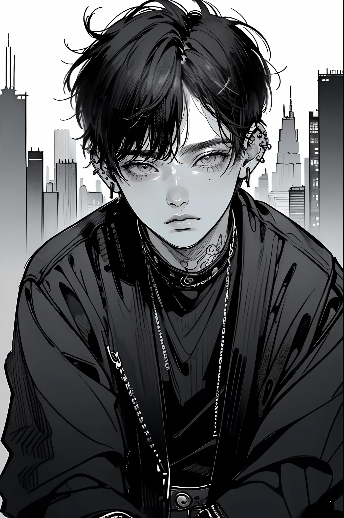 (4K works))、masterpiece、(top-quality)、((Black cityscape background))、Korean Male、Adult male、((Adult 50 years old))、((Adult uncle type))、((Leather Jeans Style))、((Face similar to Hyunjin))、Cool Men、tall、((Wild features))、((Wild look))、((angry expressions))、((Long sleeve long trouser style))、((Smaller face))、Slim body、(((short-haired)))、((Shot alone))、((Solo Photography))、Professional Photos、((He is in front of the viewer))、((Monochrome photography))、((Upper body photography))、((Wear a lot of piercings))、((Mouth piercing))、((Tongue piercing))、((Icon Photo))、((Sick Boys))、((Mine Boys))、((tattoo))、((Mine photo))、((sassy pose))