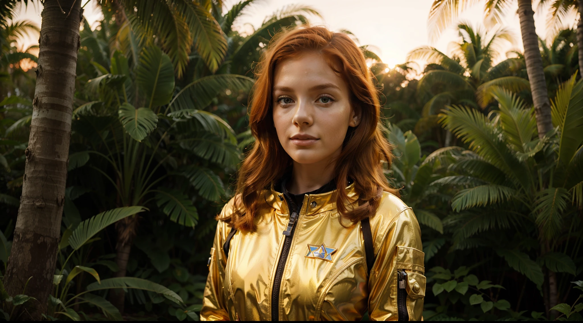 young woman space cadet, ginger hair, mid shot, very beautiful, detailed golden space suit, standing in tropical forest, sunset, peaceful atmosphere, vibrant, colorful