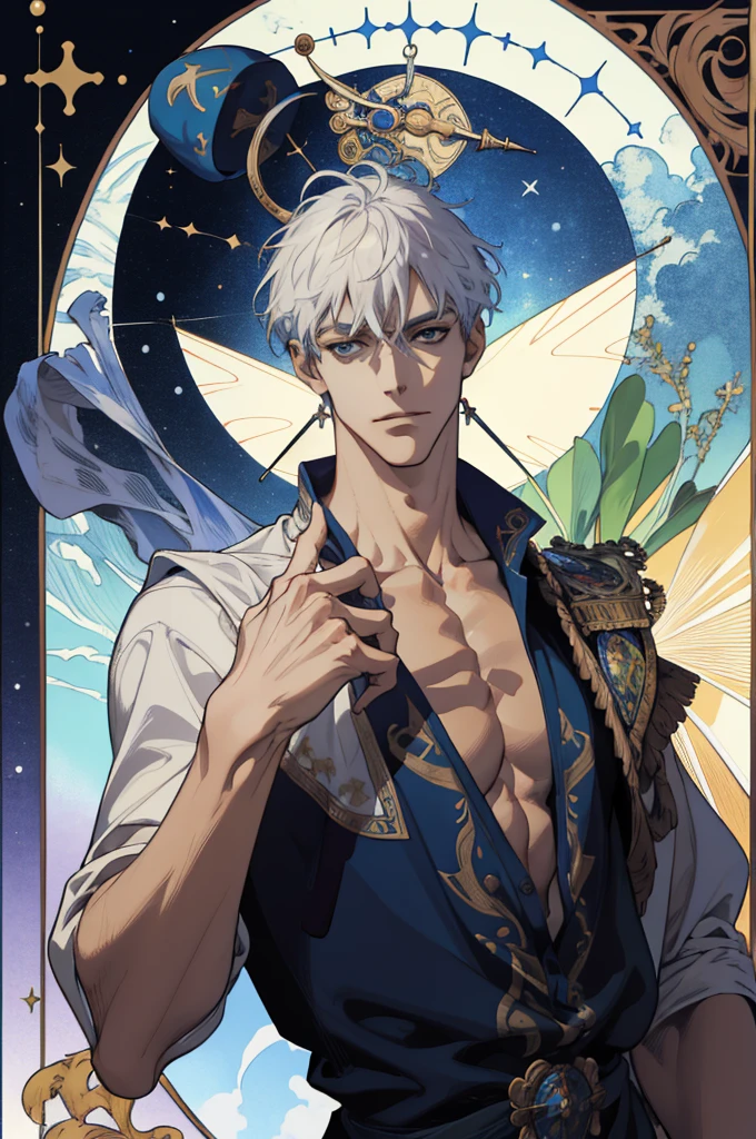 (absurdres, highres, ultra detailed), 1 male, adult, handsome, tall muscular guy, broad shoulders, finely detailed eyes and detailed face, the fool \tarot\, bard, clown, Symbolism, Visual art, Occult, Universal, Vision casting, Philosophical, Iconography, Numerology, Popularity, Artistic, Alfons Mucha