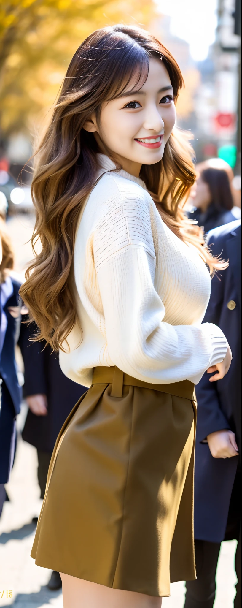 (8k, RAW photos, top quality, masterpiece: 1.2, ultra detailed, super resolution, real photos: 1.37), (Full body photo), 1 noble elegant Japanese lady, (standing contrapposte), ((pale color coodinate amber peach light brown other color, wearing over-size short autumn coat, beige long skirt, inner shirt, black tights, wearing loafers)), Shiny, Smile, Looks like 1.8 meters tall, large pelvis, Large breasts, big cuvy hips, Thin waist, Long legs, skin hyper-detail, 20 years old, Perfect face, (Detailed facial features), Wavy hair, Daylight, autumn season, center of street, crowd of people,