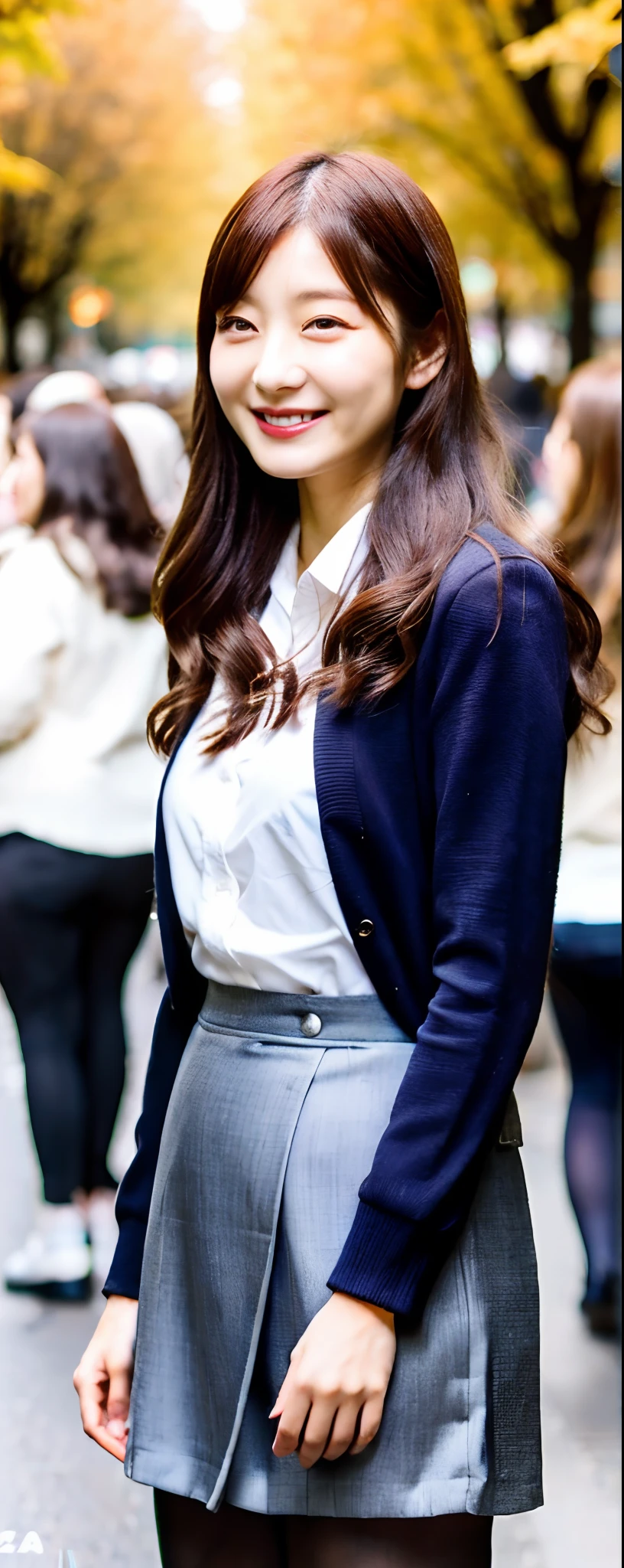 (8k, RAW photos, top quality, masterpiece: 1.2, ultra detailed, super resolution, real photos: 1.37), (Full body photo), 1 noble elegant Japanese lady, (standing contrapposte), ((pale color coodinate amber peach light brown other color, wearing over-size short autumn coat, beige long skirt, inner shirt, black tights, wearing loafers)), Shiny, Smile, Looks like 1.8 meters tall, large pelvis, Large breasts, big cuvy hips, Thin waist, Long legs, skin hyper-detail, 20 years old, Perfect face, (Detailed facial features), Wavy hair, Daylight, autumn season, center of street, crowd of people,