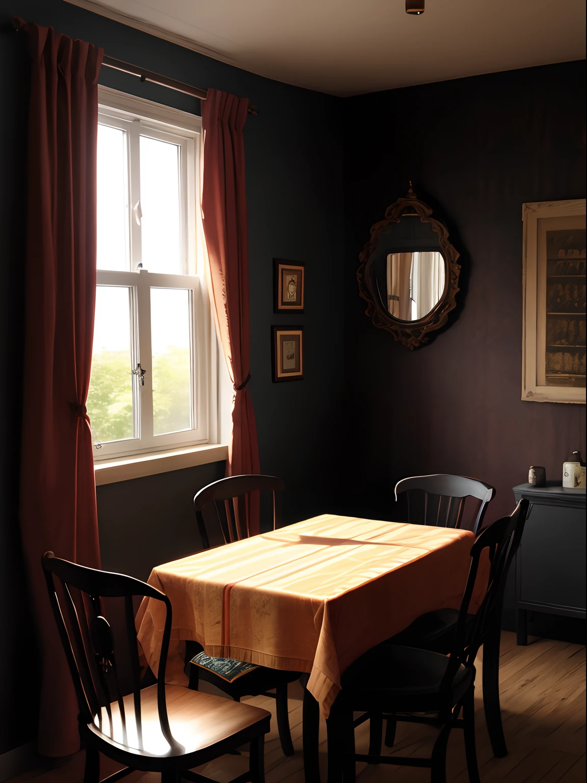 natta antique a room drapes Window Wine Red sundry goods The table a chair Dark wallpaper Painting of a black cat