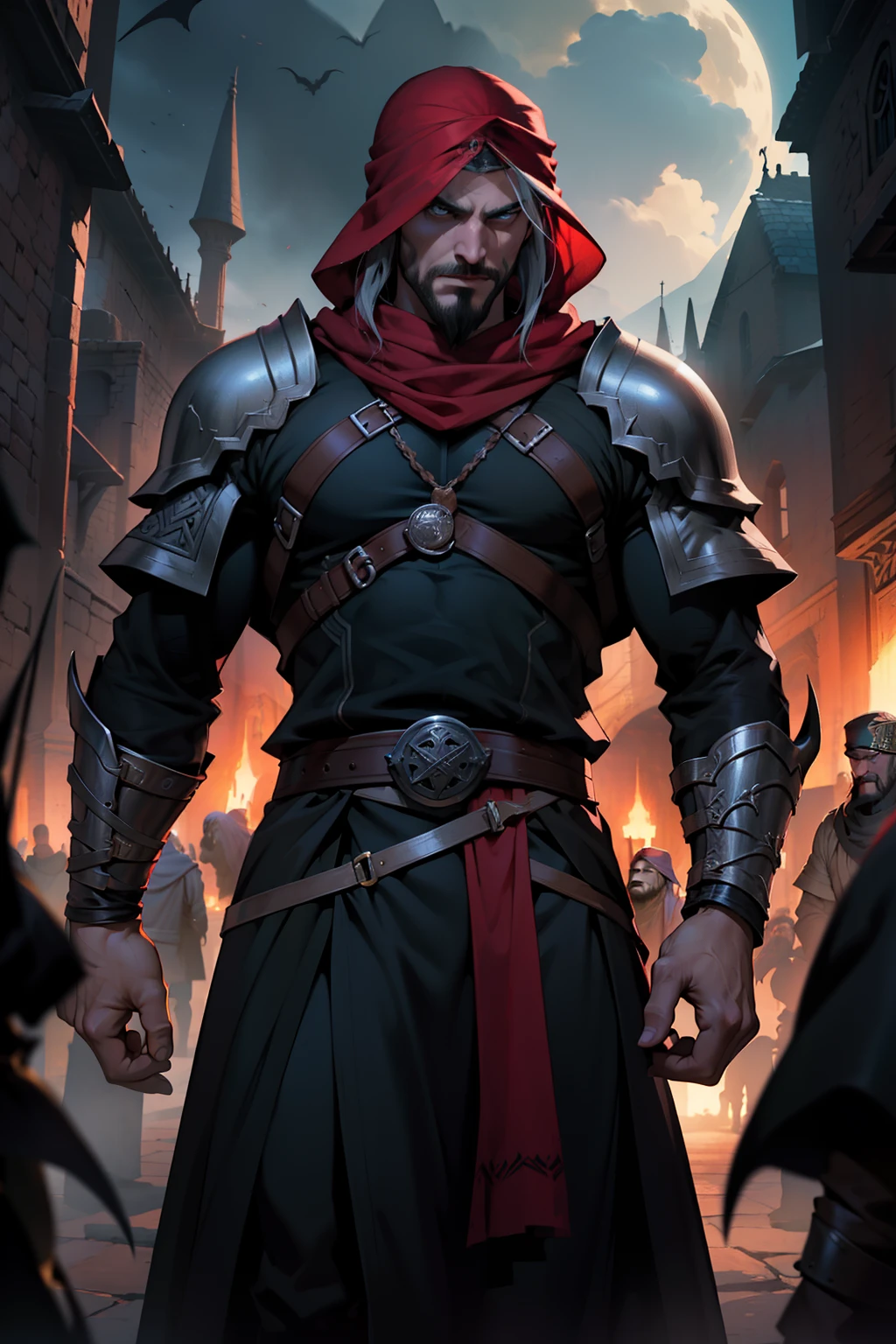 cheveux noirs, énormes cheveux noirs, Homme viking, Homme viking utilisant une hache, Viking, Fantaisie épique، Castlevania Lord of the shadows hyper realistic super detailed Dynamic shot moroccan Islamic Lord Dracula leading troops army of demons to battle with red turban fierce Arabian Lord