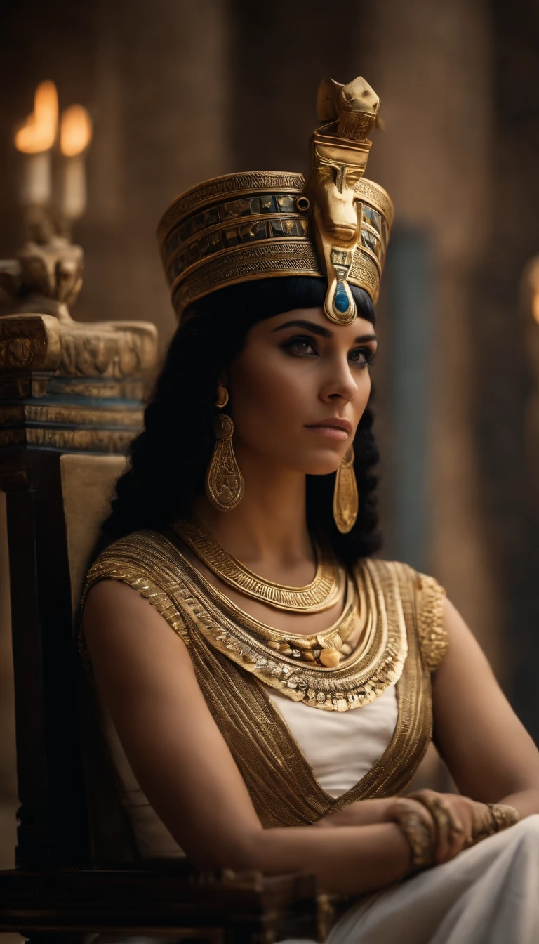 (half length portrait:1.4), low angle:1.4, cleopatra, a beautiful woman with long dark hair, detailed face, deep eyes, full lips, wearing a golden crown, in a lavish ancient Egyptian palace interior, dramatic lighting, ornate columns, rich fabrics, (best quality,4k,8k,highres,masterpiece:1.2),ultra-detailed,(realistic,photorealistic,photo-realistic:1.37),intricate details,cinematic lighting,chiaroscuro,dramatic shadows,warm color palette,dramatic poses, beautiful egyptian queen,regal,elegant,majestic