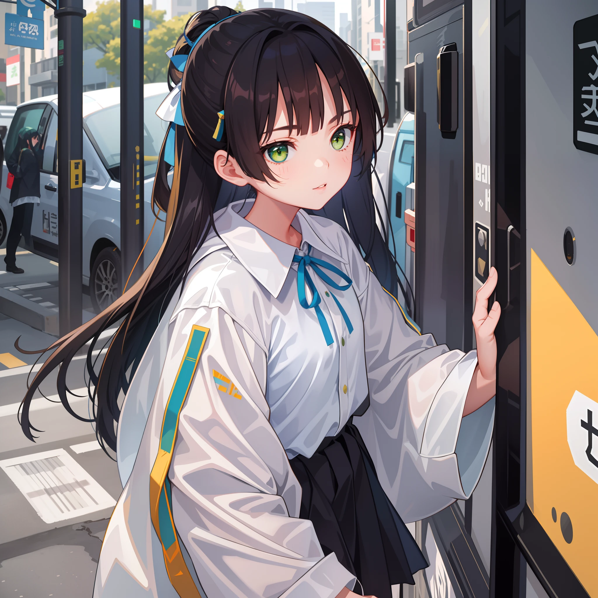 1girl in、AS-Adult、Upper body portrait、Light blue blouse、yellow-green eyes