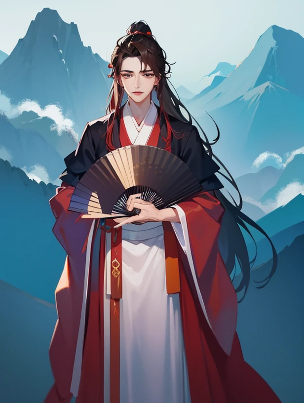 Close-up of a man in a robe and tie,Folding fan in hand，Brown hair long， Cai Xukun, Inspired by Zhang Han, xianxia hero, inspired by Wu Daozi, Inspired by Seki Dosheng, young wan angel, tian zi, drak, Xianxia, heise jinyao, Inspired by Zhao Yuan, Li Zixin, xintong chen，The background is the mountain，waterfallr，Eau，