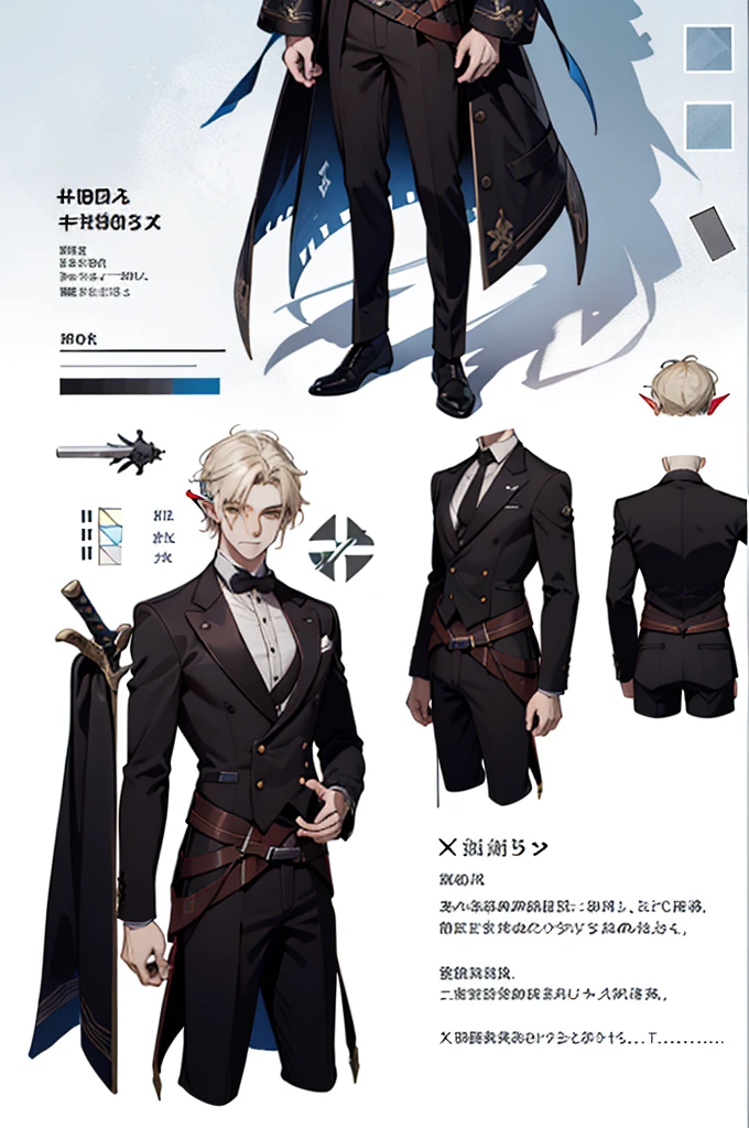 （（character concept art）），((Character design sheet、Same Role、facade、side face、on back))Character cover for Maple Story，Video game character design，Video game character design，expert high detail concept art，metal slug concept art，Interesting character design，inspiration，((character concept art)), ((Character design sheet, same character, front, side)) Video game character design, Rolois, half-elf, Arrogant, Dark hair, waistcoat, long sleeves, pale skin, sword, scar on face, middle hair