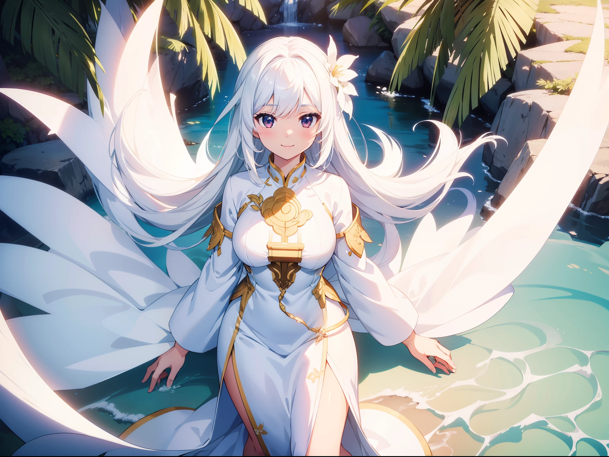 1 cute girl , white Ao Dai, character focus, close to viewer, full body, cinematic angle, (from above:0.7), smile, background coconut palm ,((masterpiece)), ((best quality)), ((ultra-detailed)), (illustration), ((an extremely delicate and beautiful))