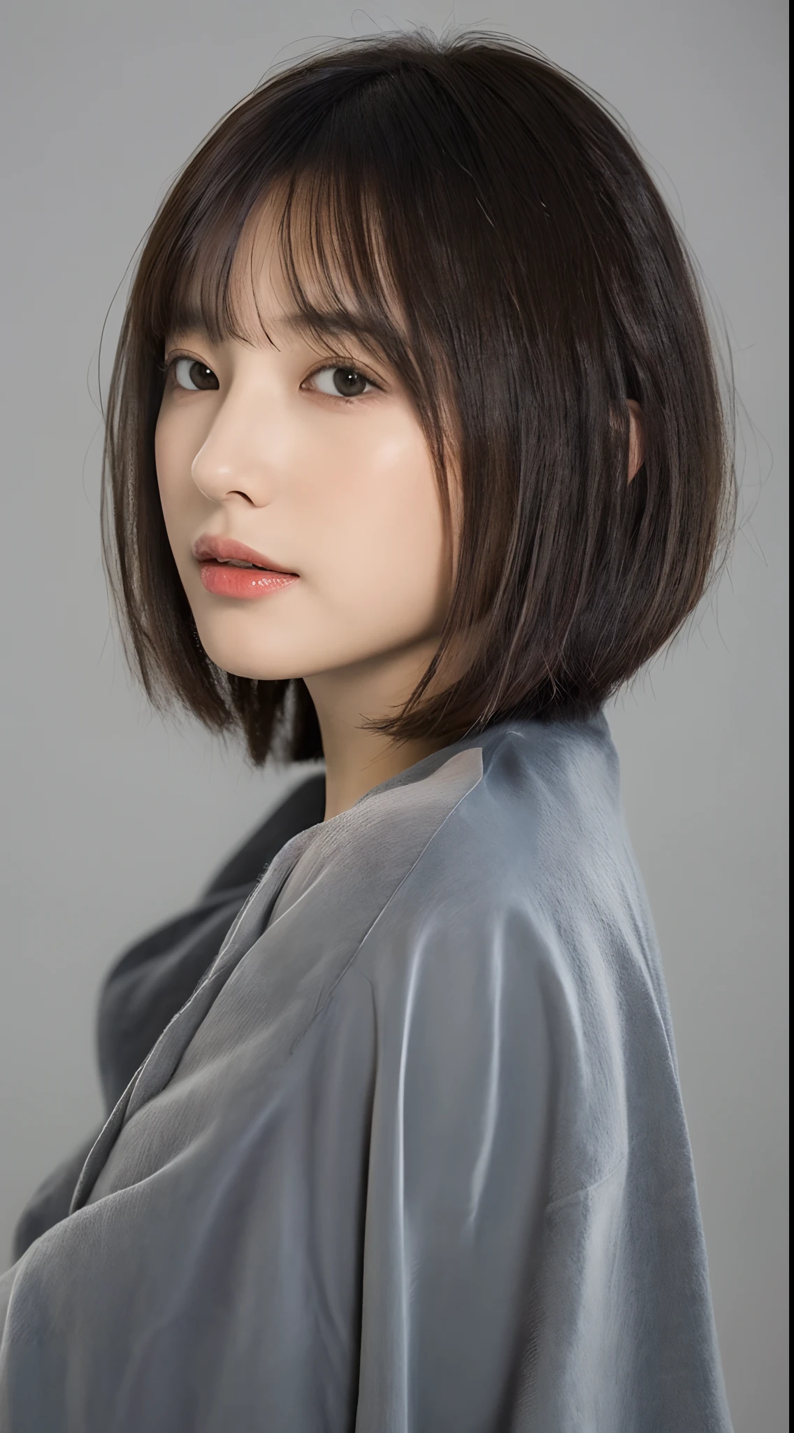 (8K、top-quality、masterpiece:1.2)、1人の女性、(realisitic、Photorealistic:1.9)、(A smile:0.2)、medium breasts、beautifully detailed eyes、(独奏:1.8)、(looking at viewert:1.3)、Hair on damp hair、Woman in white top and gray jacket, a picture, With short hair,light bangs、 chin-length hair, headshot profile photo, Bob Cut Hair, French Bob Hair, Black bob hair