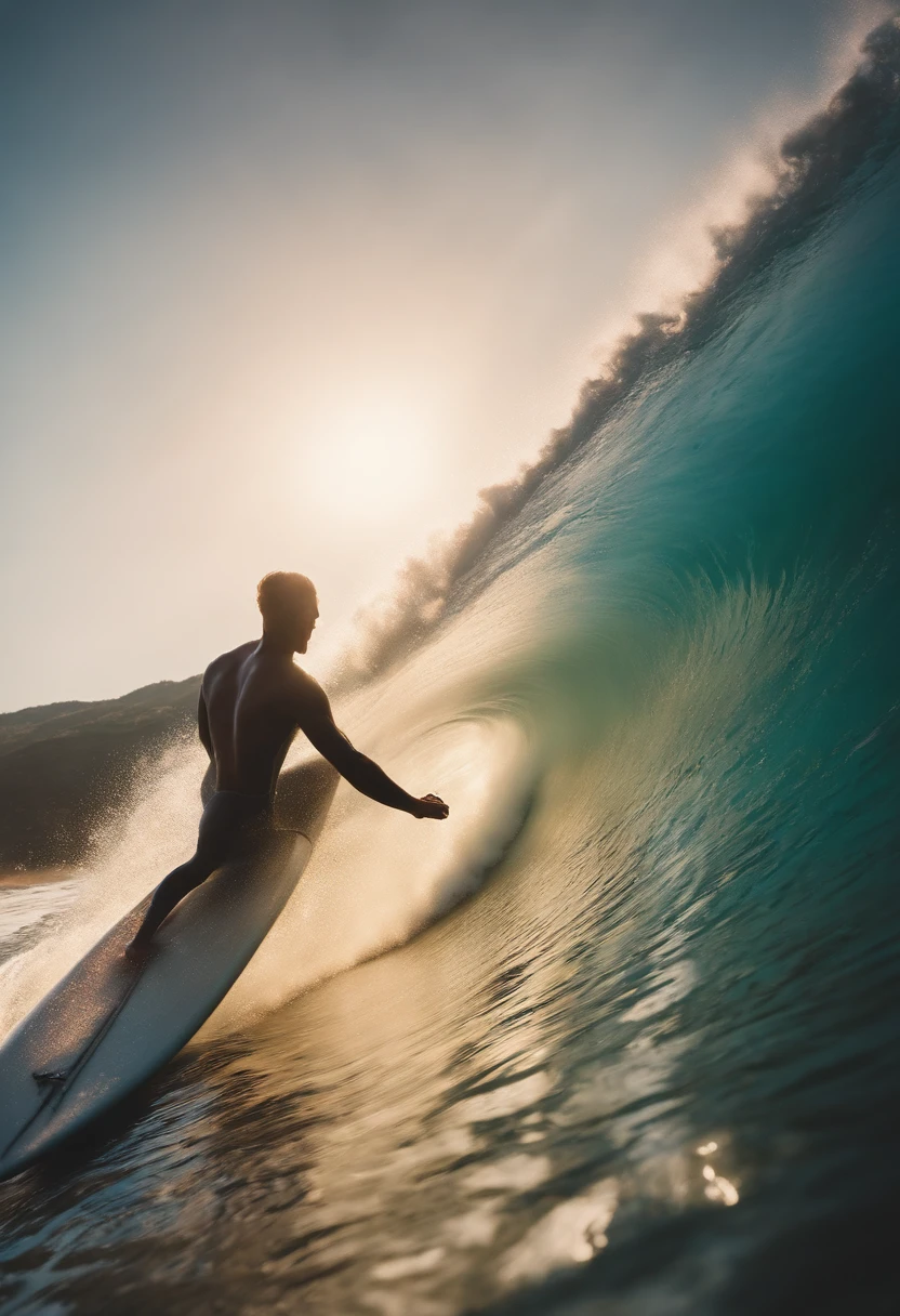 A surfer riding a wave, captured from behind, showcasing the vibrant colors and the curve of the surfboard as it glides effortlessly on the water.