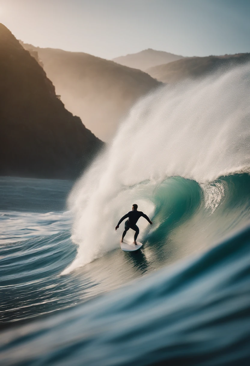 A surfer riding a wave, captured from behind, showcasing the vibrant colors and the curve of the surfboard as it glides effortlessly on the water.