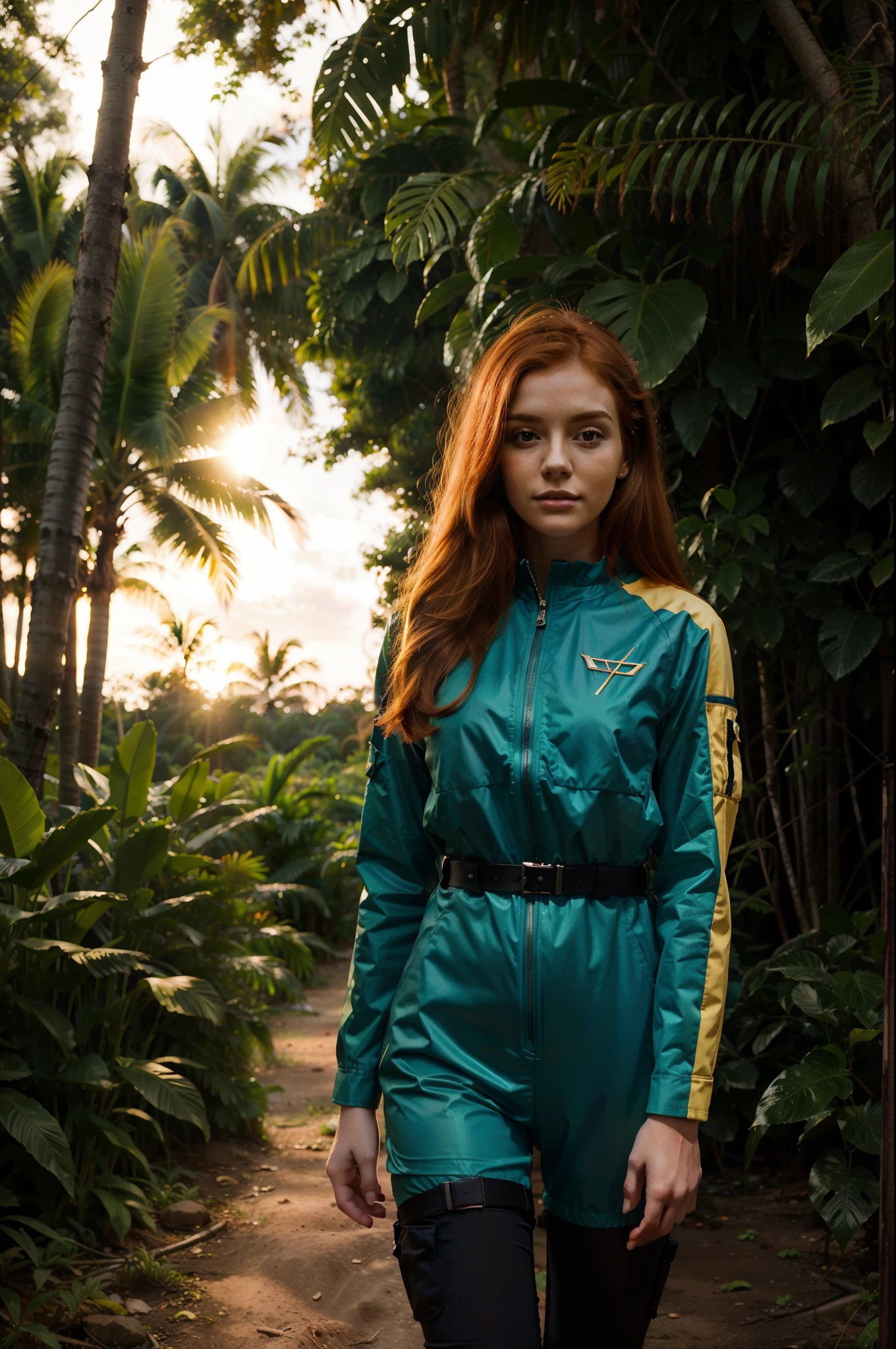 young woman space cadet, ginger hair, very beautiful, standing in tropical forest, sunset, peaceful atmosphere, vibrant, colorful