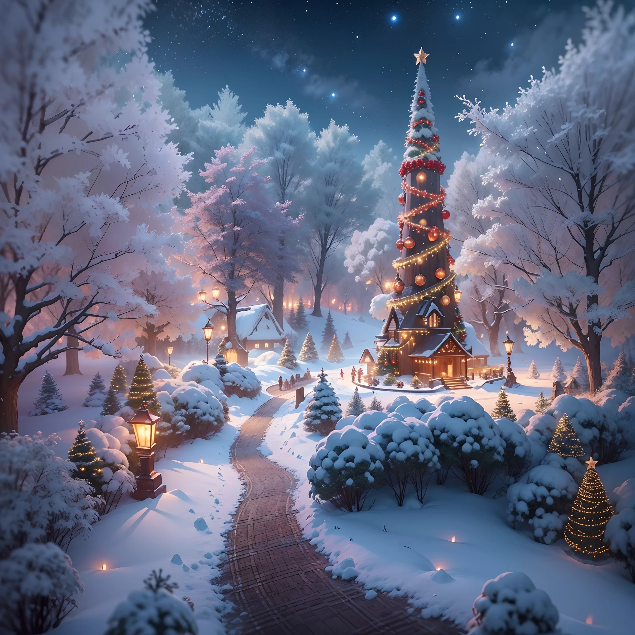Mysterious fairytale world,((A breathtaking view of the rime))。The earth was shrouded in a thin layer of mist,It's as if it's a veil of mystery over the whole world。Elements of Christmas float in the white mist,Like flashing lights、Red flannel and bright stars,It creates an atmosphere of joy and mystery。 ((In the midst of this rime,The trees are covered in frost,It seems to be the abode of elves in a winter wonderland))。Each tree is adorned with colorful Christmas lights,Illuminates the entire rime world,Make it full of warmth and blessings。The branches are covered with red and green flannel ornaments,It's like a gift left by the elves,Make this forest more vibrant。 Looming in the fog is a magnificent Christmas castle,Its spire is dotted with sparkling stars,The whole castle exudes an air of mystery and joy。The interior of the castle is decorated with a variety of festive decorations,Gorgeous hangings、Colorful garlands and sparkling lights complement each other,It gives a captivating visual experience。 Follow a trail paved with flannel and Christmas lights,You will find a group of happy elves singing and dancing,They have bright lanterns in their hands,Jumping happily,Create a joyful scene。 The whole scene is rendered by fog and Christmas elements into a mysterious and joyful picture,Every detail is full of magic and mystery。In this fairytale world,gleeful、Blessings and warmth fill every corner,It's fascinating,Feel like you're in the middle of an eternal Christmas celebration, UHD, masterpiece, ccurate, anatomically correct, super detail, 8k, best quality