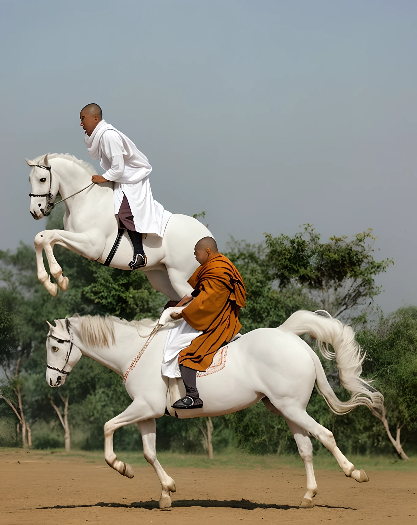 A monk riding a white horse