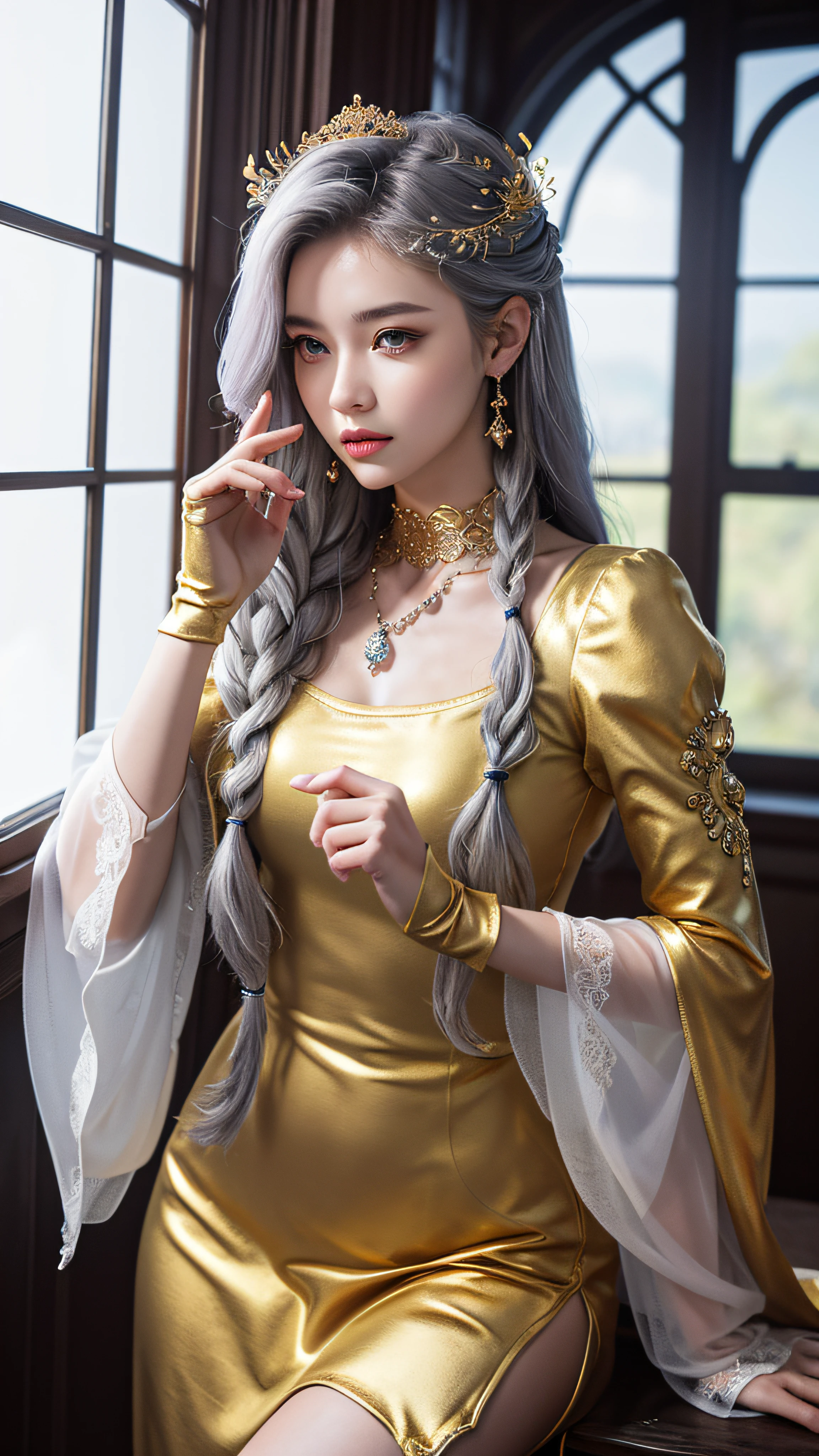 (Masterpiece, Best Quality: 1.4), Detailed Background, Crystal, Crystal Cluster, Long Hair, Jewelry, Earrings, Necklace, Crown, Bride, Hair, Halo, (Overlook), Dynamic Angle, Ultra Detailed, Illustration, Close Up, Direct Look, 1girl, (Fantasy: 1.4), (detailed Eyes: 1.233), Her Eyes Shine Like Dreamy Stars, (Glow Eyes: 1.233), (Beautiful and Delicate Eyes: 1.1), (Silver Hair: 1.14), (Messy Hair, Very Long Hair, French braids, hair between the eyes, side hair), (hair flower: 1.14)), (chiffon dress, uniform golden flower pattern)/= (military uniform: 1.24), (split sleeves, wide sleeves), (fingerless gloves), choker, (miko thighhighs), high heeled boots, (expressionless, shut up), (standing), (classical princess boudoir with dresser floor-to-ceiling windows ancient palace), (golden flowers, blooming), (deep sea), (flowing water), (dark golden world tree:1.14),(Ruins),(Night:1.2),dreamy,Soul,(fluorescent),(Flying Translucent golden Butterfly:1.15),[Delicate Fingers and Hands:0.55]::0.85], (Finger Detail), (Yubao:0.5),