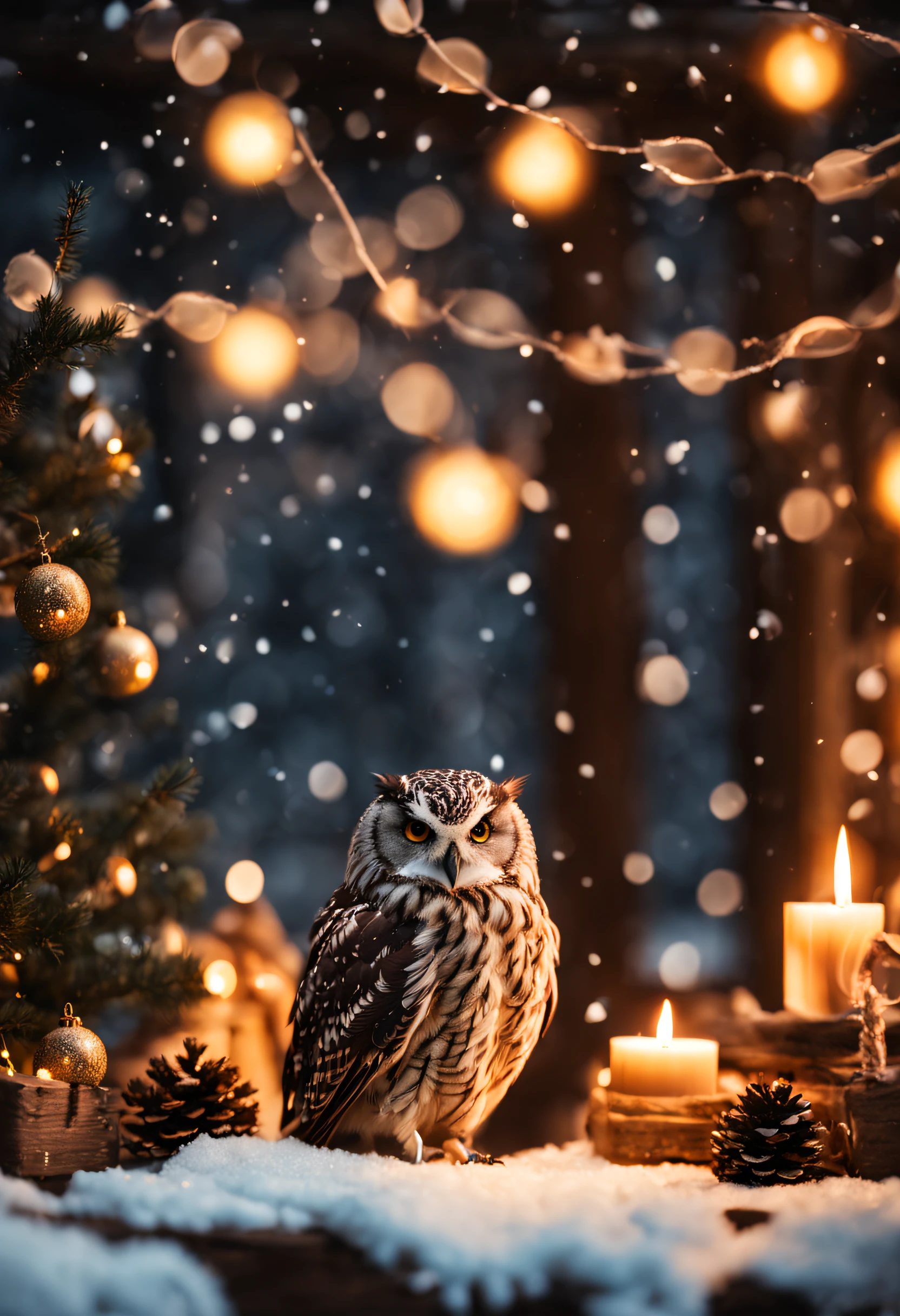 Winter Background Image for Social Media, christmas in hogwarts, harry potter with owl, Warm memories of the upcoming New Year's holiday, Winter mood, Warm light, In the foreground are garlands, Falling snow