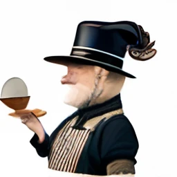 Jean-Baptiste Monge's painting of a honey badger animal, Hard White with Black Six, Cheerful look, Dressed in chef's clothes, in apron, On his head is the hat of the Cook, Shashlik with meat in hand , jean - baptiste monge, anthropomorphic --ar 2:3 --testp -optimistic;