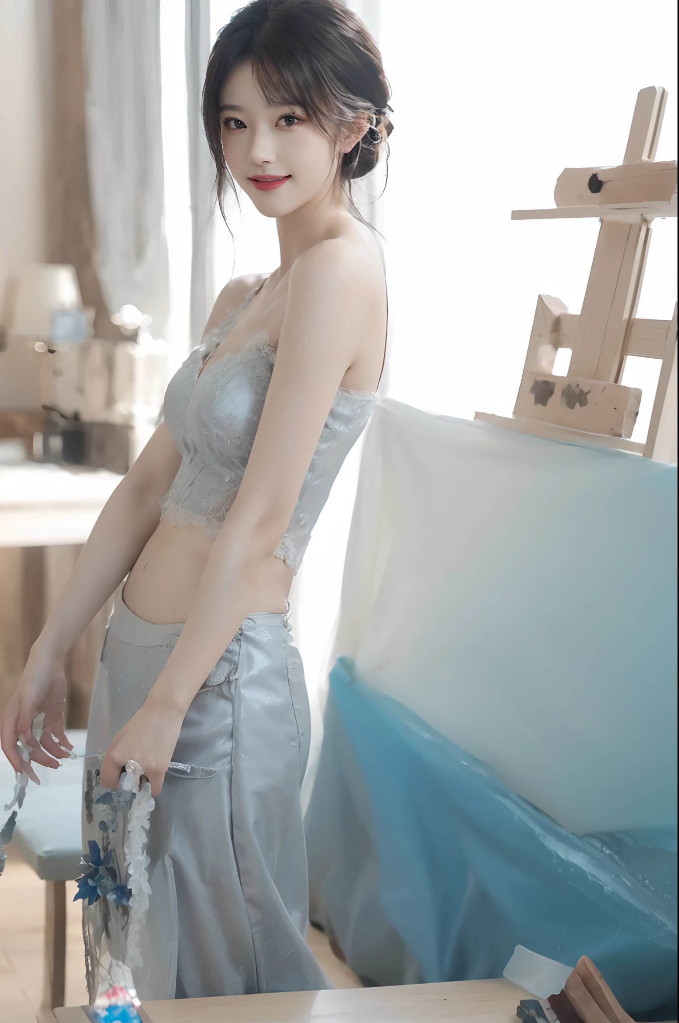 Girl in blue open cheongsam top, posing for photo, full body portrait, bra, slim figure, slender long legs, smaller bust, slim girl model, 24 years old female model, white high heels, standing posture, indoors,