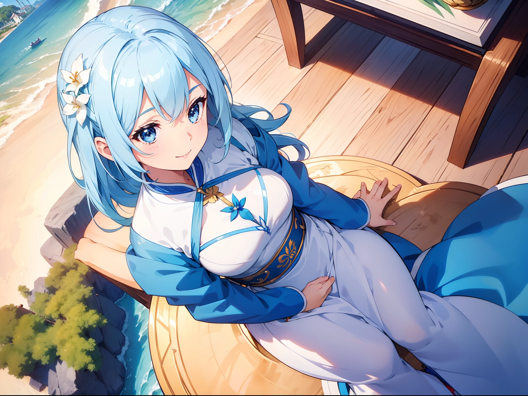 1 cute girl , blue Ao Dai, character focus, close to viewer, full body, cinematic angle, (from above:0.8), smile, background coconut palm ,((masterpiece)), ((best quality)), ((ultra-detailed)), (illustration), ((an extremely delicate and beautiful))
