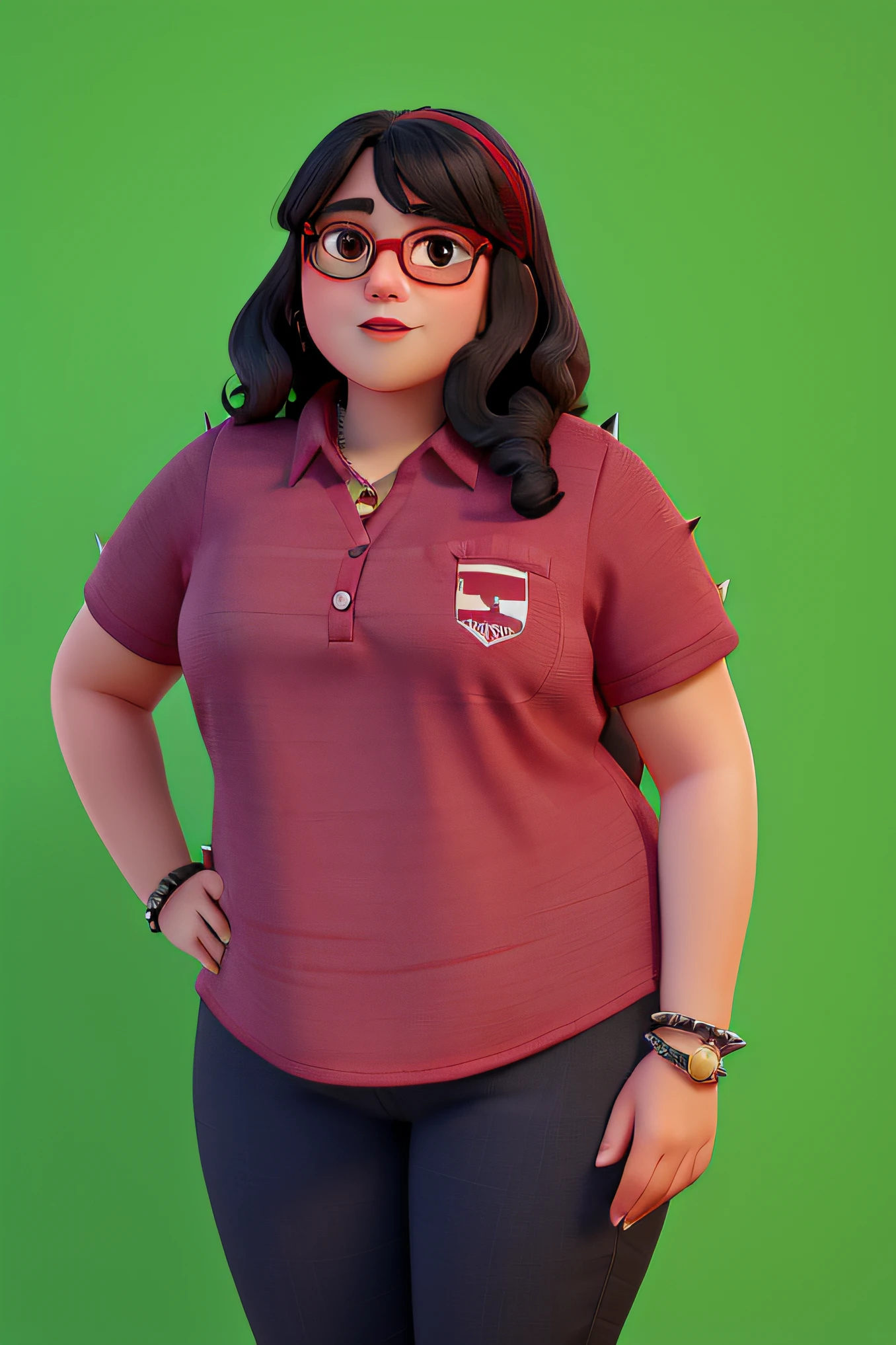 a chubby woman with round glasses with spikes, medium black hair, wearing a bracelet, with her hand on her waist, burgundy shirt, soft red lips